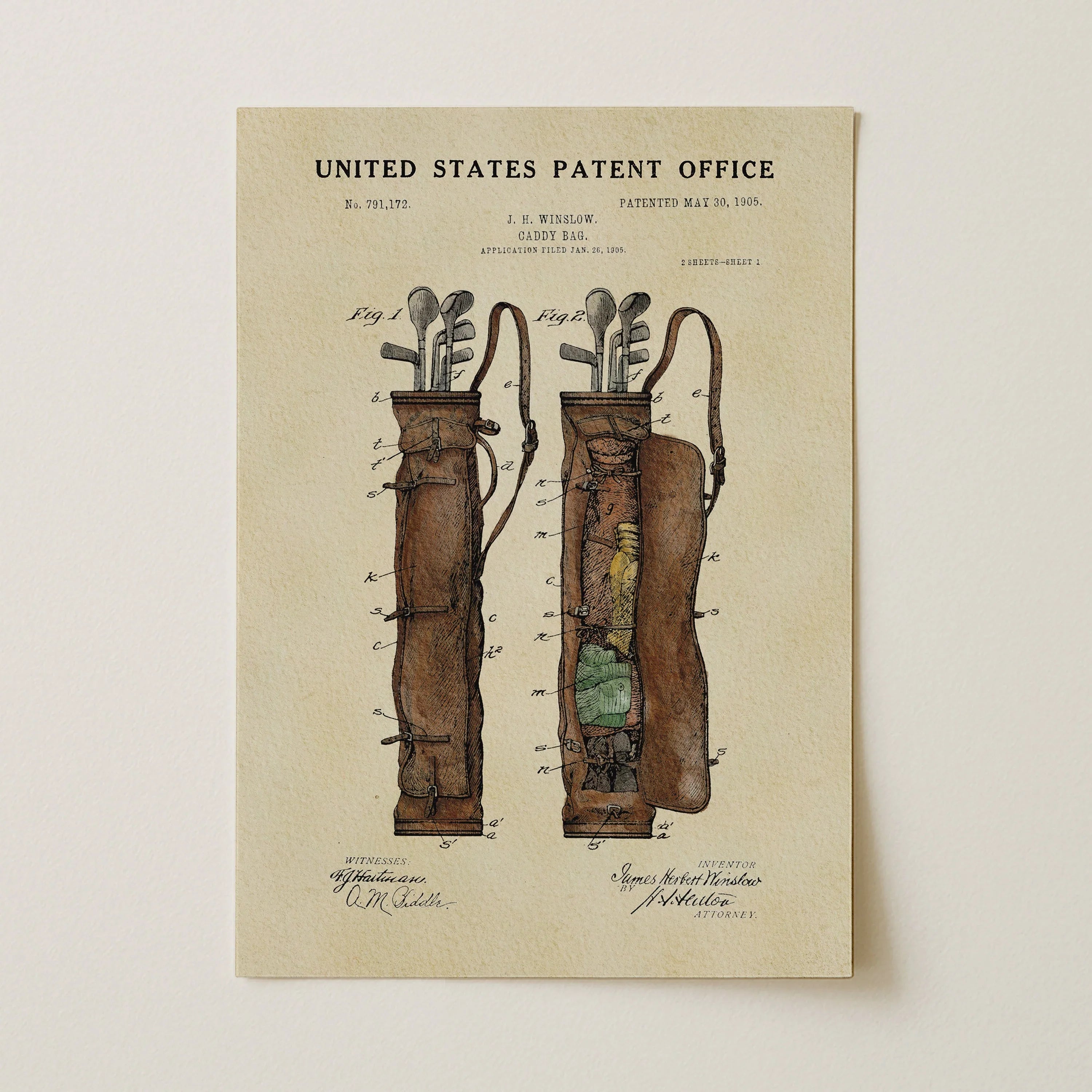 Vintage Golf Bag US Patent Art Print | Sports-Themed Dorm Decor | Wall Art | Campus Greek Fit