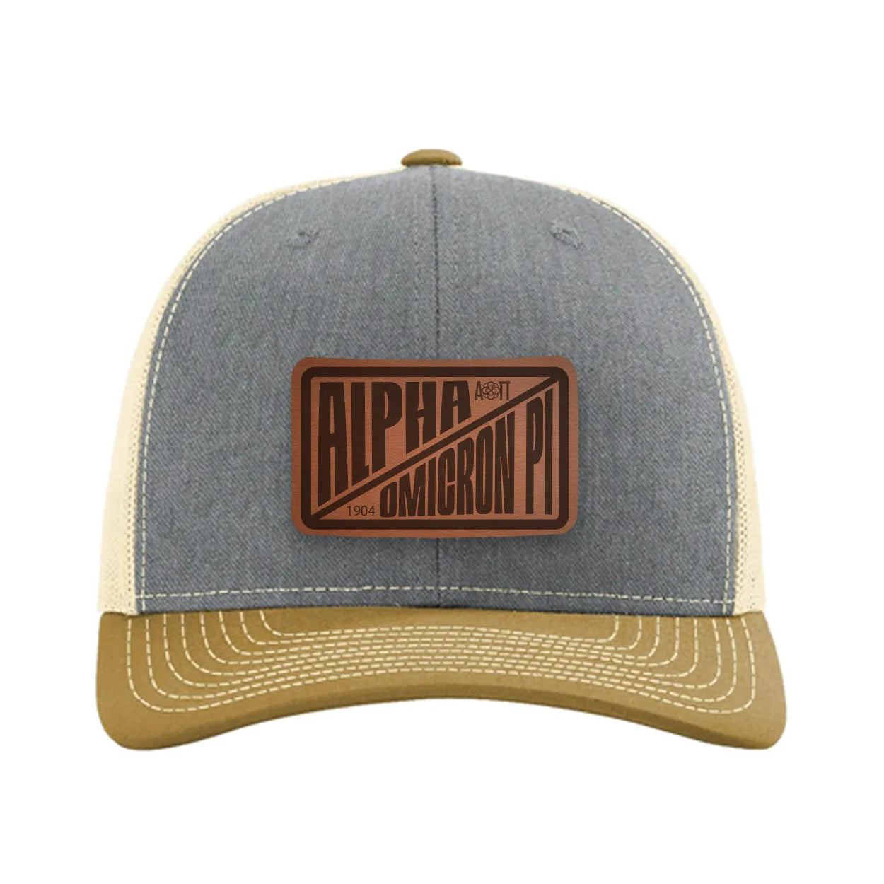 Alpha Omicron Pi Richardson 112 Leatherette Patch Trucker Hat - Divide Heather Gray Birch Amber Gold Trucker Hat