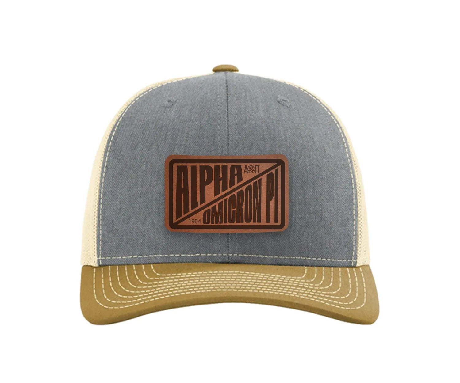 Alpha Omicron Pi Richardson 112 Leatherette Patch Trucker Hat - Divide Heather Gray Birch Amber Gold Trucker Hat