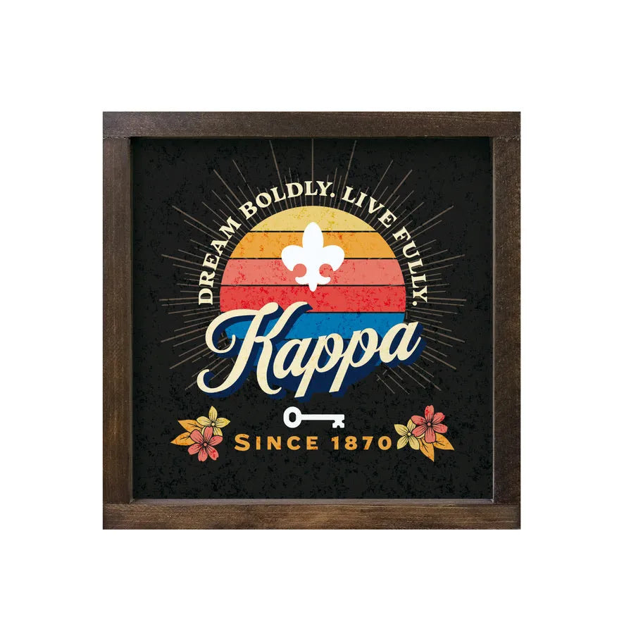 Kappa Kappa Gamma 12x12 Wood Framed Sign - Retro Sunset Walnut Stain Wall Art & Signs