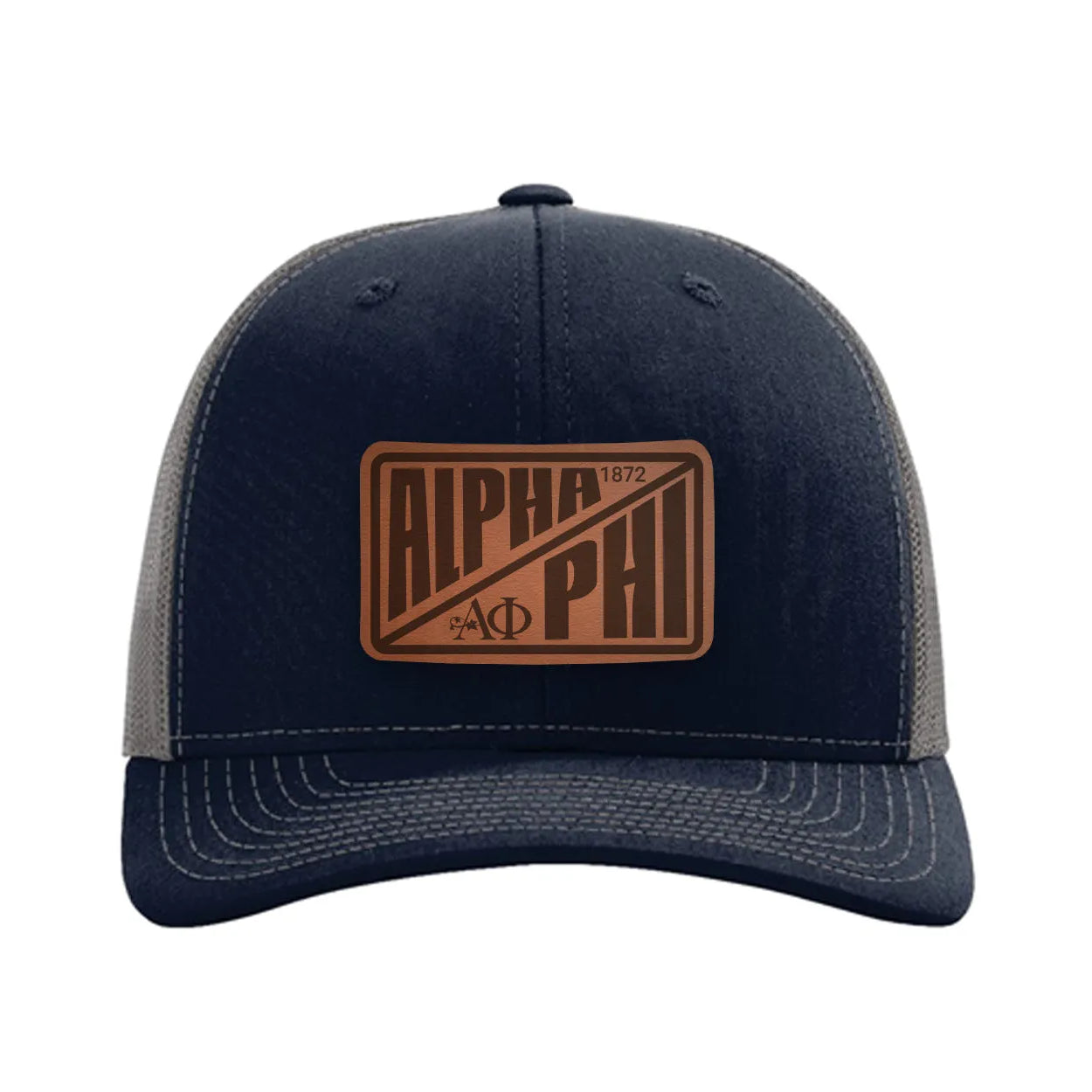 Alpha Phi Richardson 112 Leatherette Patch Trucker Hat - Divide Navy Charcoal Trucker Hat