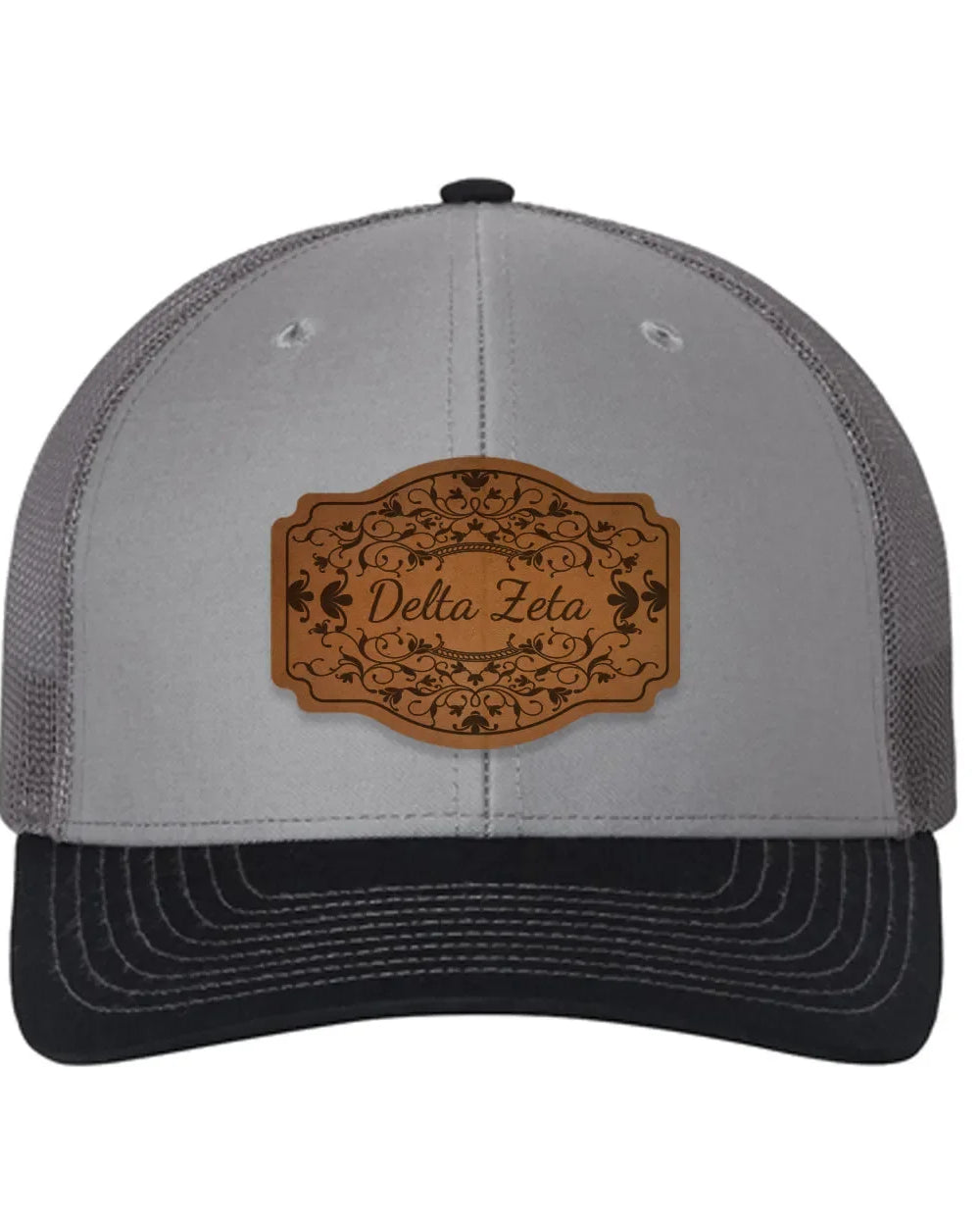 Delta Zeta Richardson 112 Leatherette Patch Trucker Hat - Scroll Gray Charcoal Navy Trucker Hat