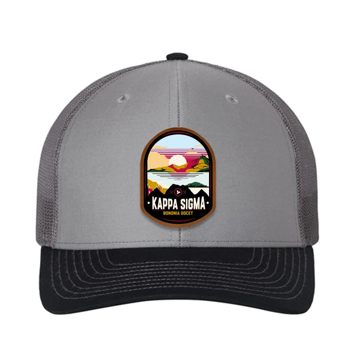Kappa Sigma Richardson 112 UV Print Leatherette Patch Trucker Hat - Ventura Gray Charcoal Navy Trucker Hat