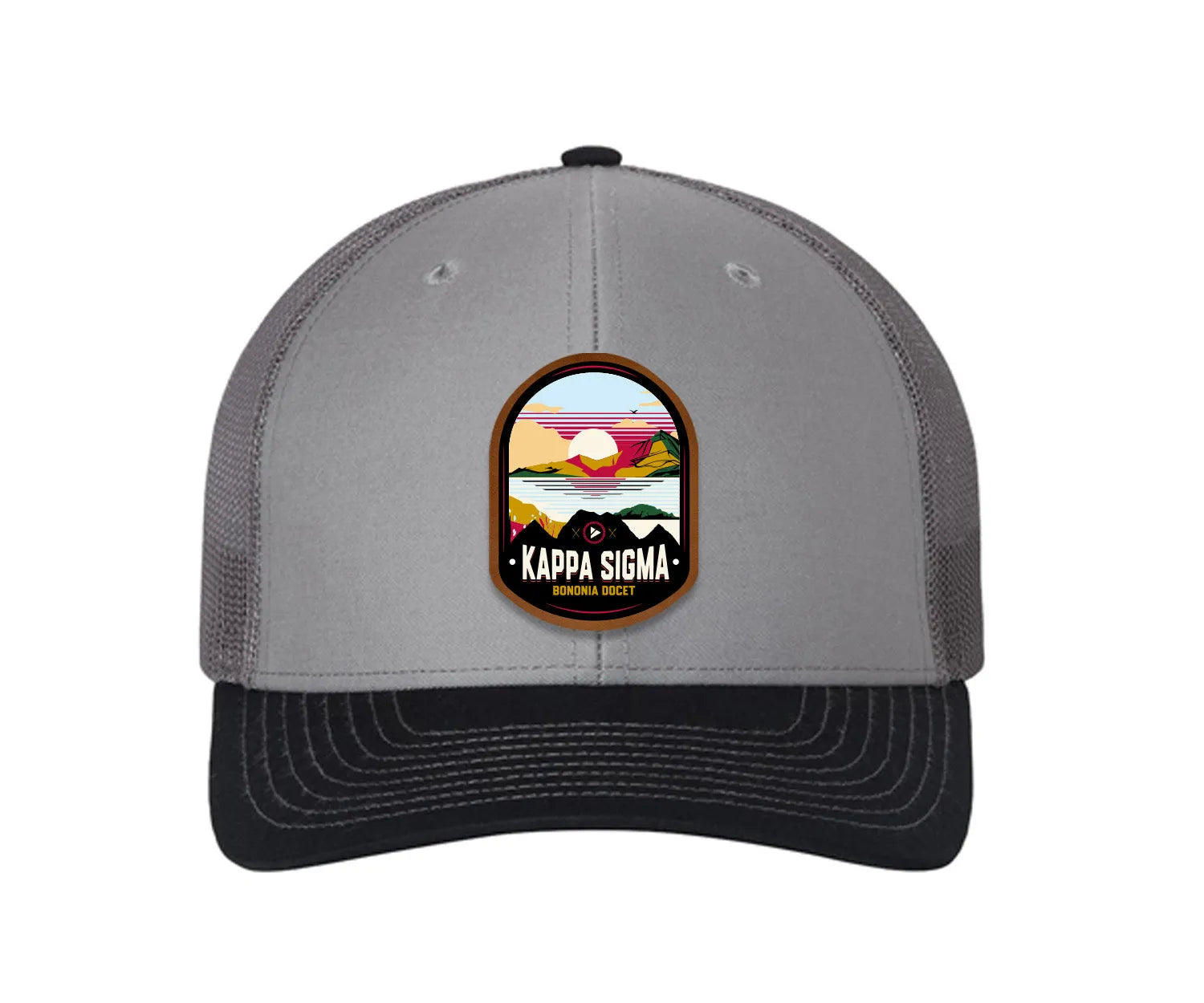 Kappa Sigma Richardson 112 UV Print Leatherette Patch Trucker Hat - Ventura Gray Charcoal Navy Trucker Hat