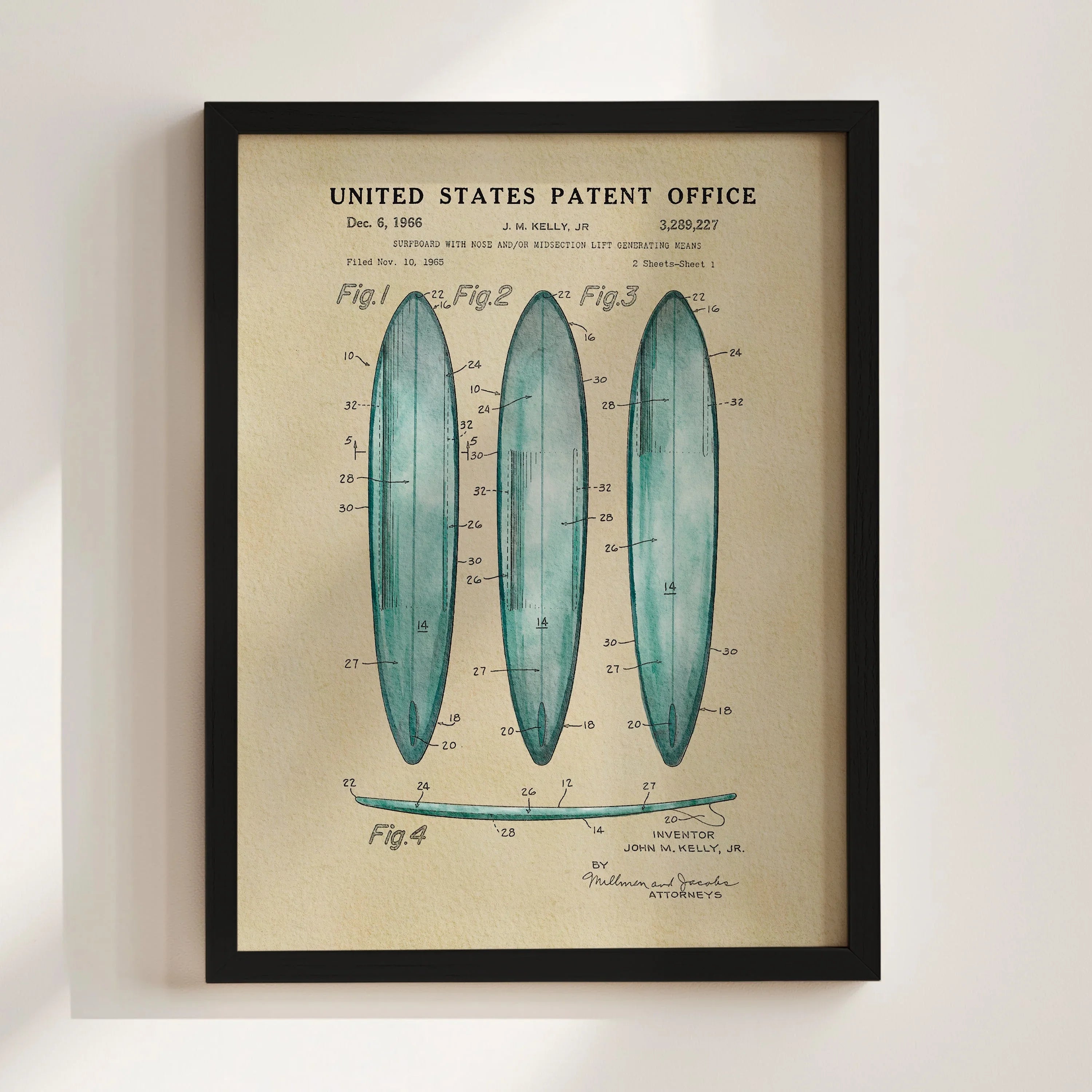 Surfboards US Patent Wall Art Print | Coastal Theme Dorm Decor - Campus Greek Fit