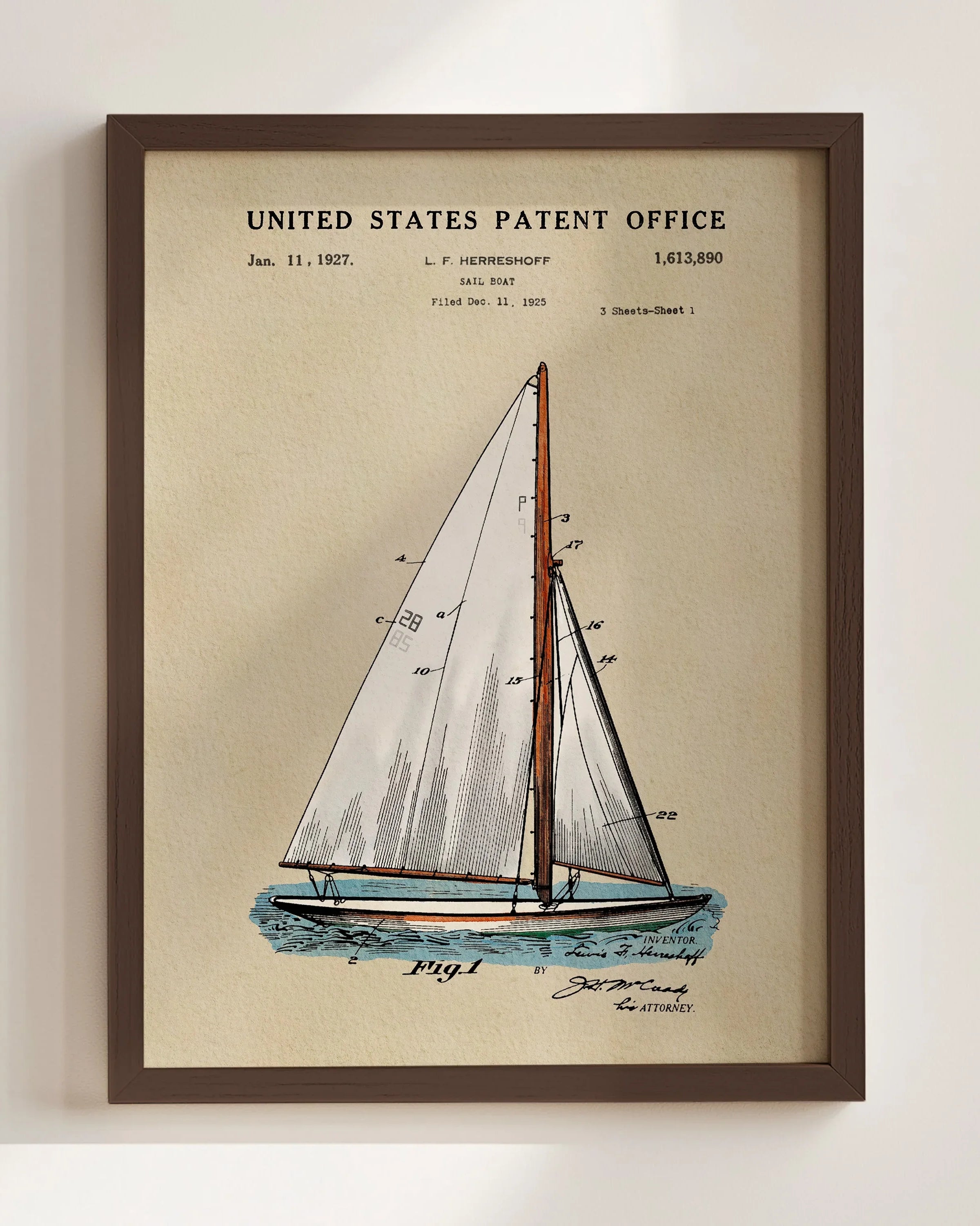 Herreshoff Sailboat US Patent Art Print | Nautical Coastal Dorm Decor
