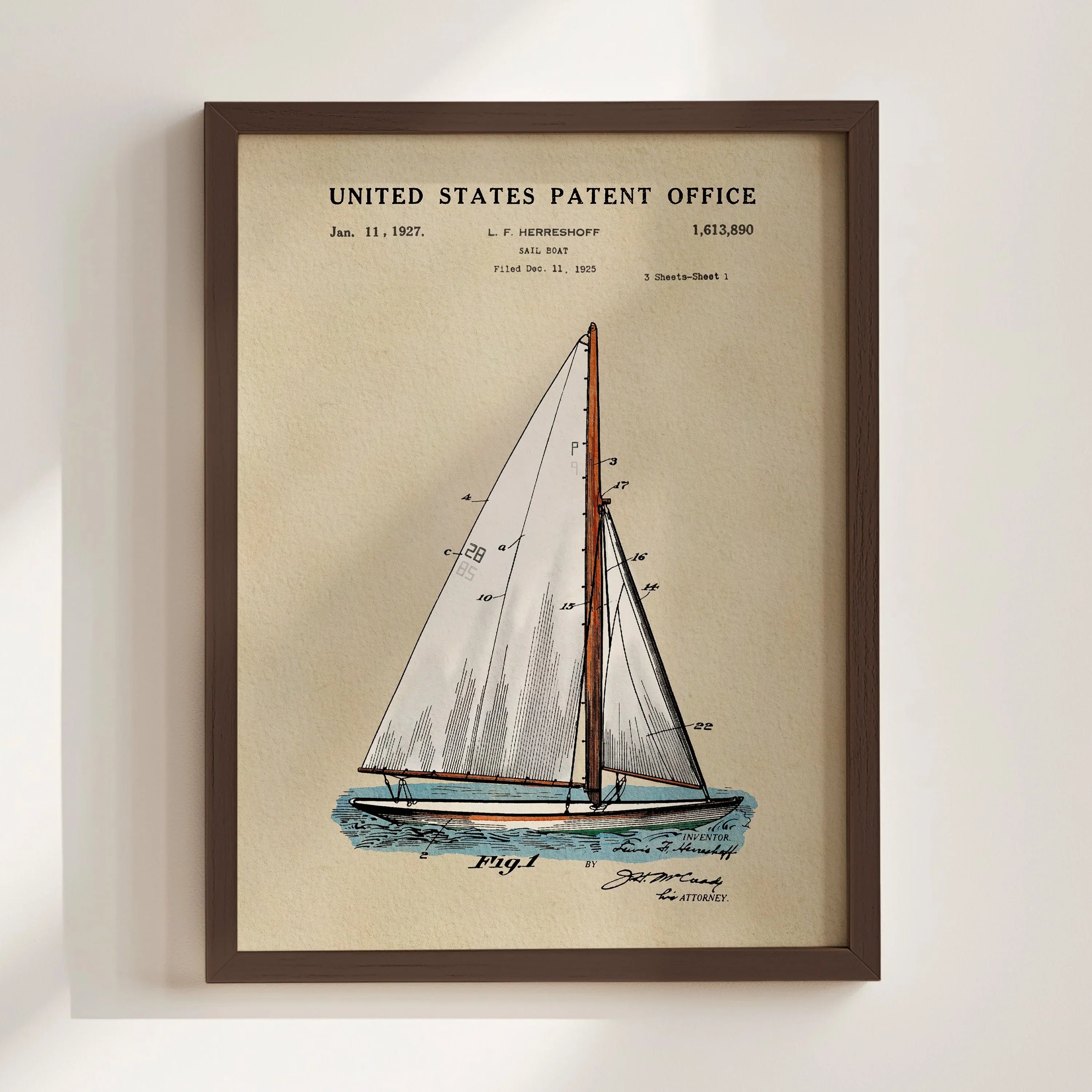 Herreshoff Sailboat US Patent Art Print | Nautical Coastal Dorm Decor