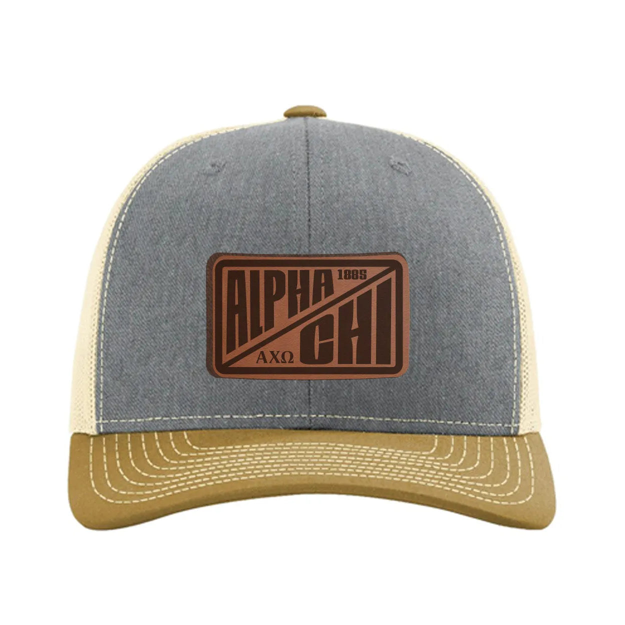 Alpha Chi Omega Richardson 112 Leatherette Patch Trucker Hat - Divide Heather Gray Birch Amber Gold Trucker Hat
