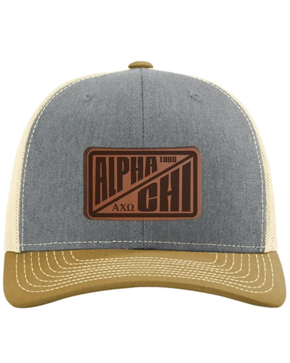Alpha Chi Omega Richardson 112 Leatherette Patch Trucker Hat - Divide Heather Gray Birch Amber Gold Trucker Hat