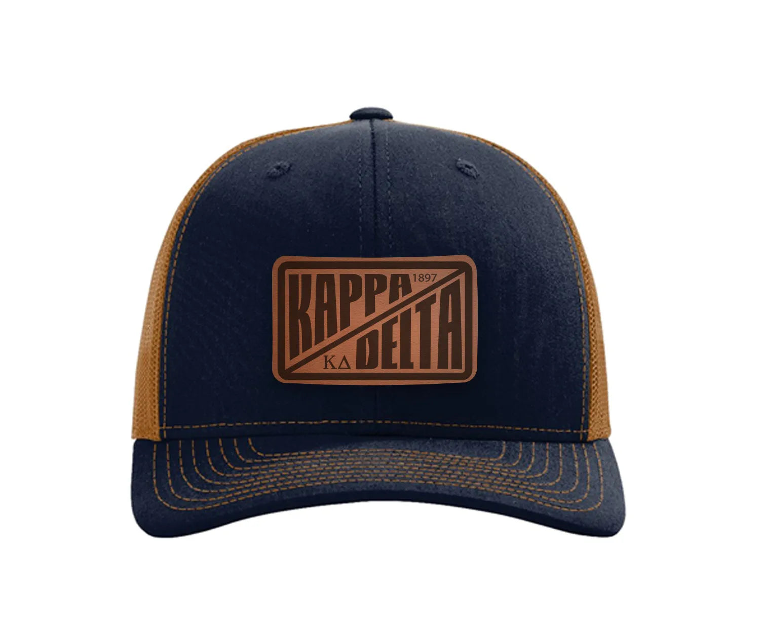 Kappa Delta Richardson 112 Leatherette Patch Trucker Hat - Divide Navy Caramel Trucker Hat