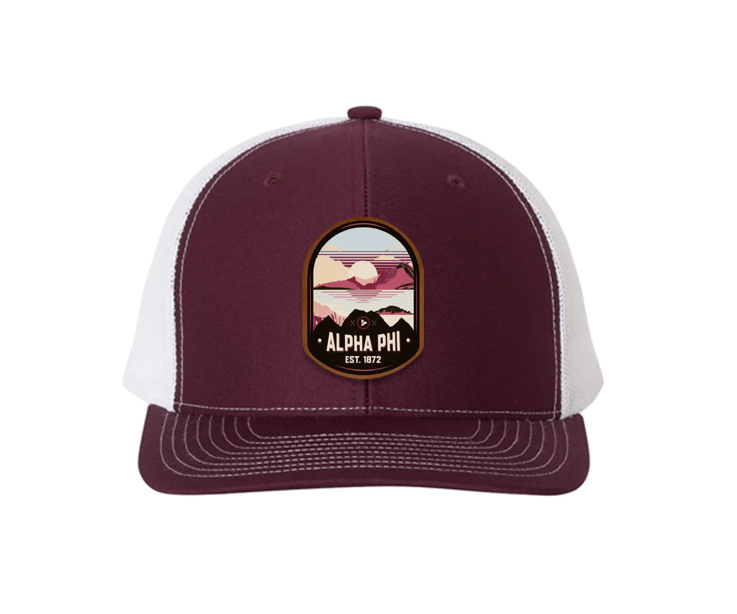 Alpha Phi Richardson 112 UV Print Leatherette Patch Trucker Hat - Ventura Maroon White Trucker Hat
