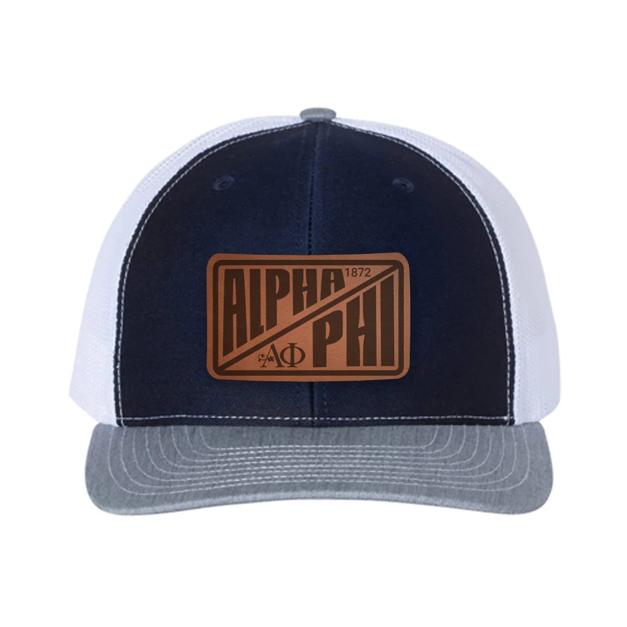 Alpha Phi Richardson 112 Leatherette Patch Trucker Hat - Divide Navy White Heather Gray Trucker Hat