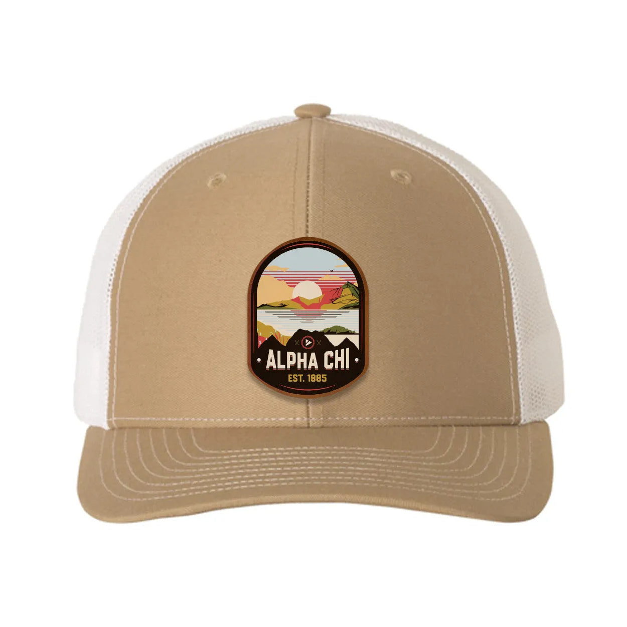 Alpha Chi Omega Richardson 112 UV Print Leatherette Patch Trucker Hat - Ventura Khaki White Trucker Hat