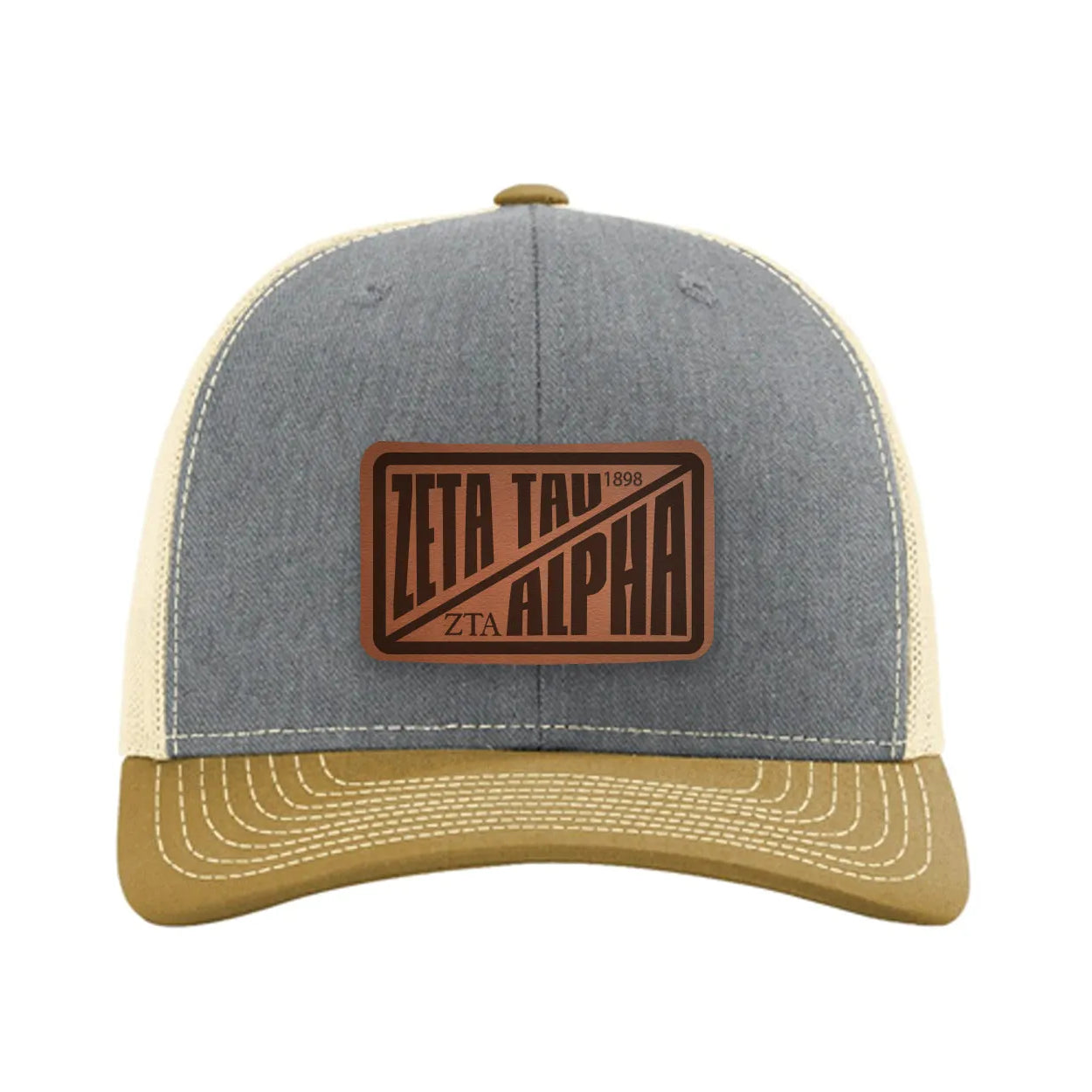 Zeta Tau Alpha Richardson 112 Leatherette Patch Trucker Hat - Divide Heather Gray Birch Amber Gold Trucker Hat
