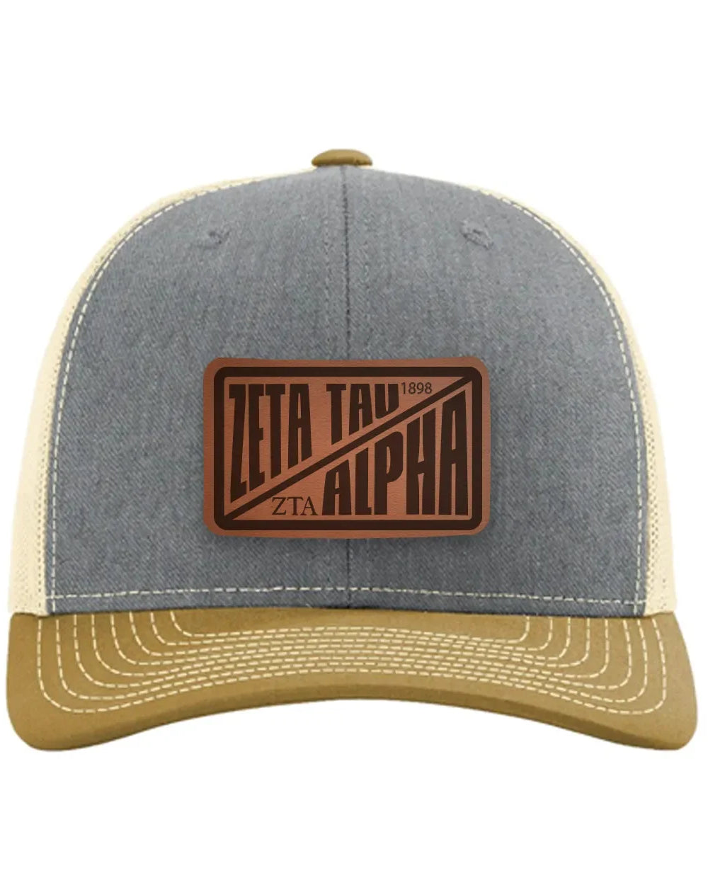 Zeta Tau Alpha Richardson 112 Leatherette Patch Trucker Hat - Divide Heather Gray Birch Amber Gold Trucker Hat