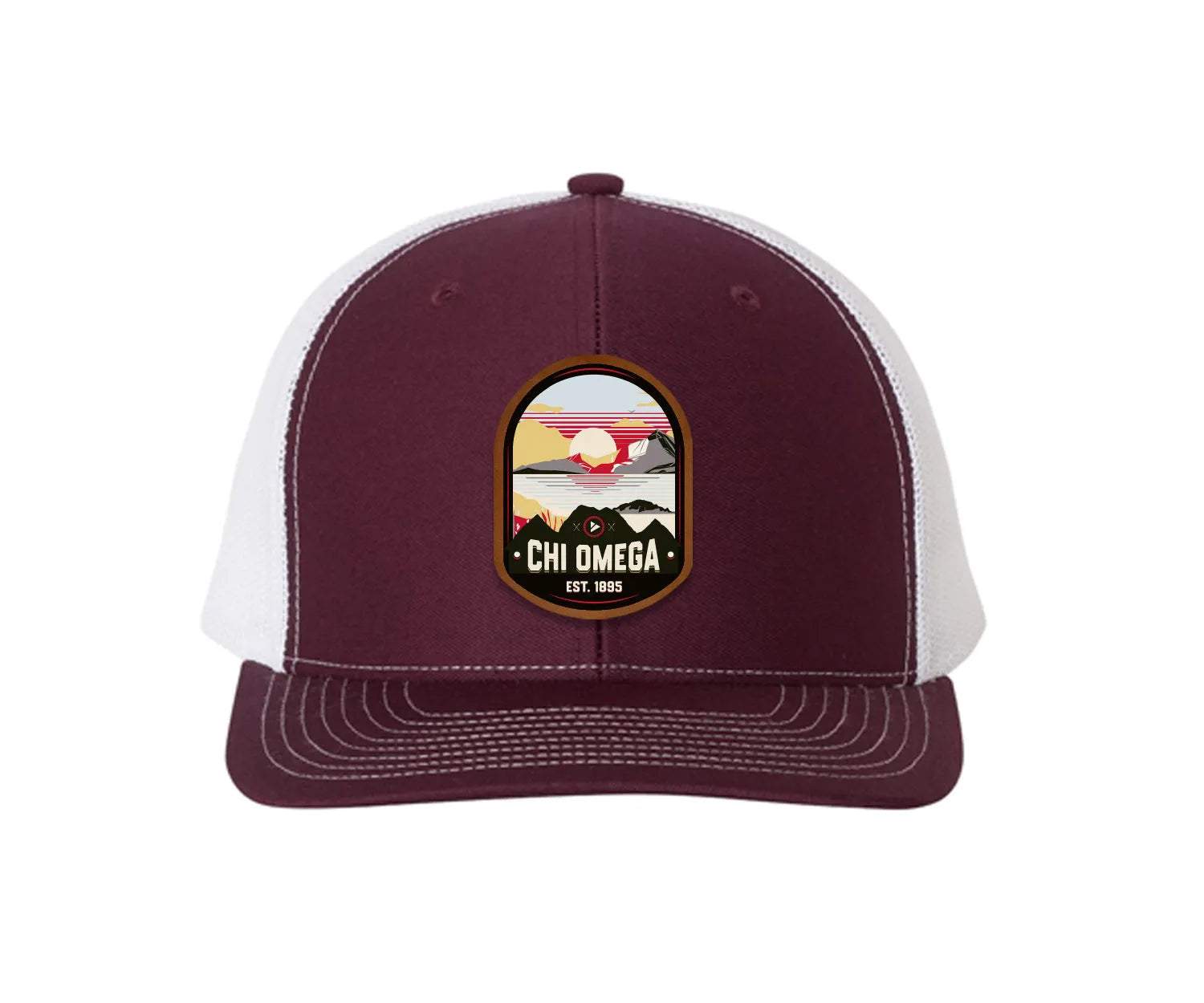 Chi Omega Richardson 112 UV Print Leatherette Patch Trucker Hat - Ventura Maroon White Trucker Hat