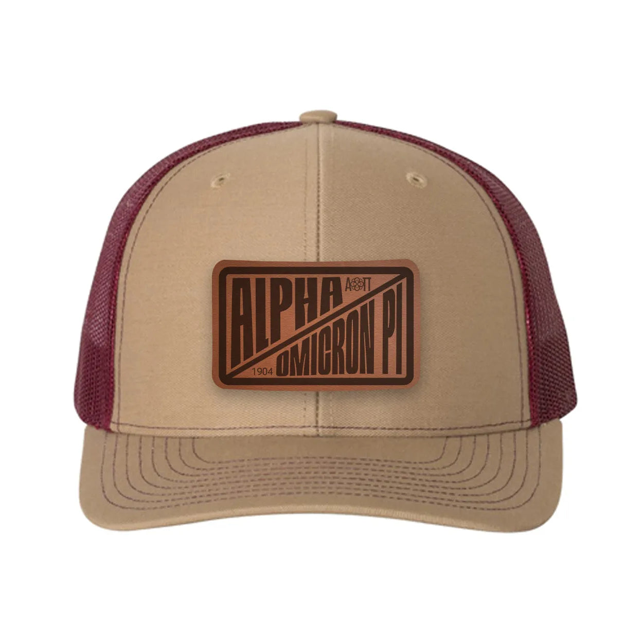 Alpha Omicron Pi Richardson 112 Leatherette Patch Trucker Hat - Divide Khaki Burgundy Trucker Hat