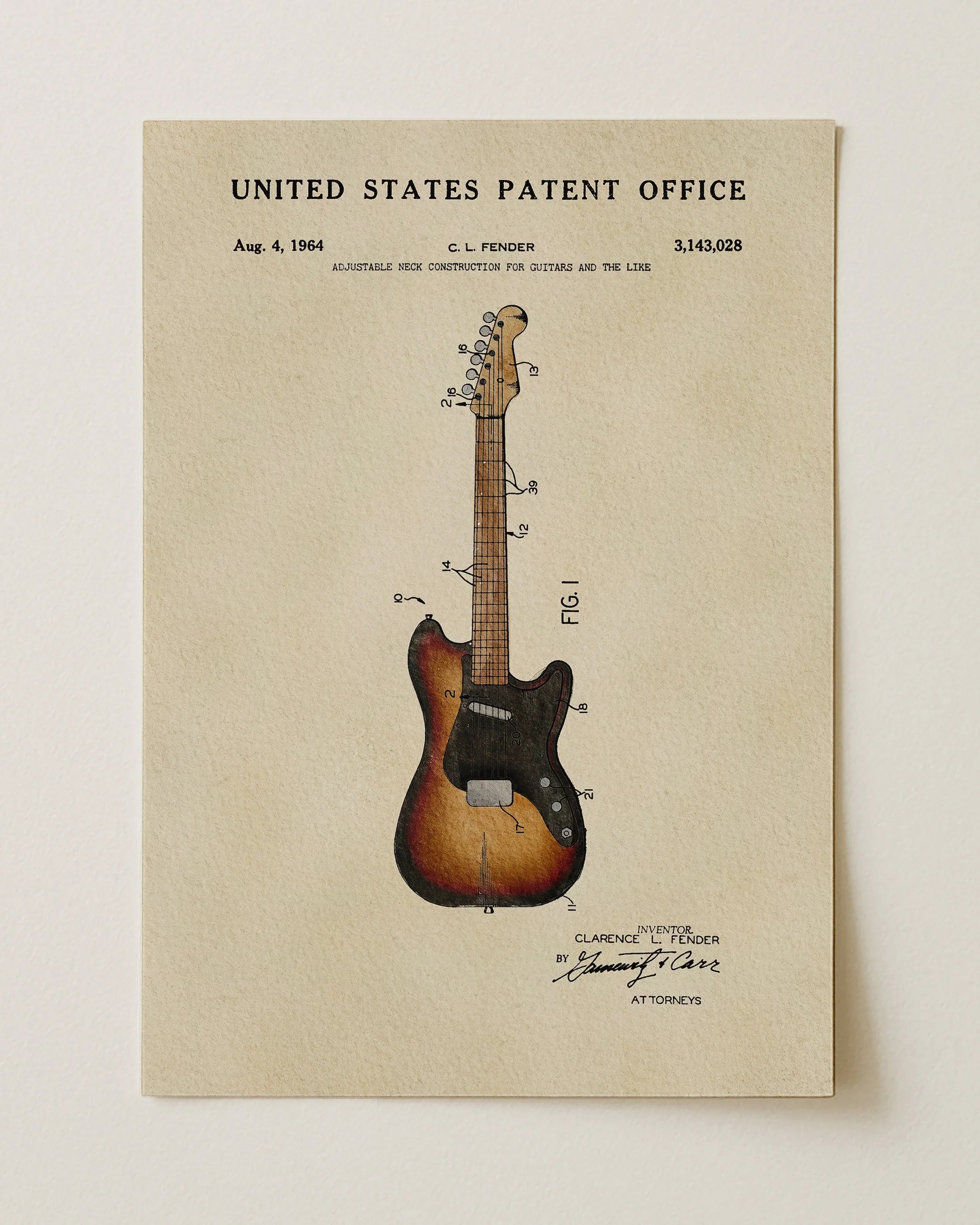 Fender Stratocaster Patent Art Print | Dorm Decor for Music Lovers