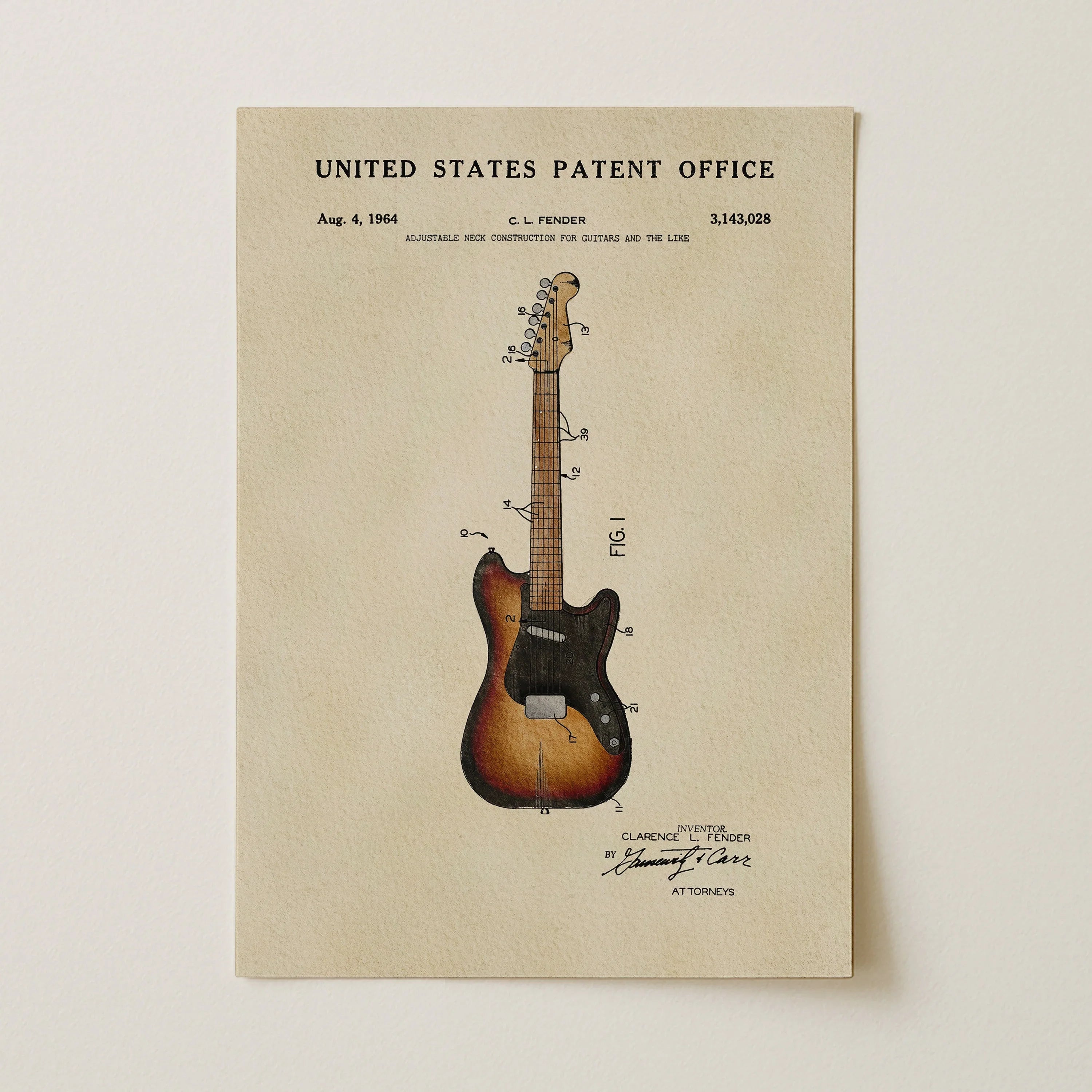 Fender Stratocaster Patent Art Print | Dorm Decor for Music Lovers