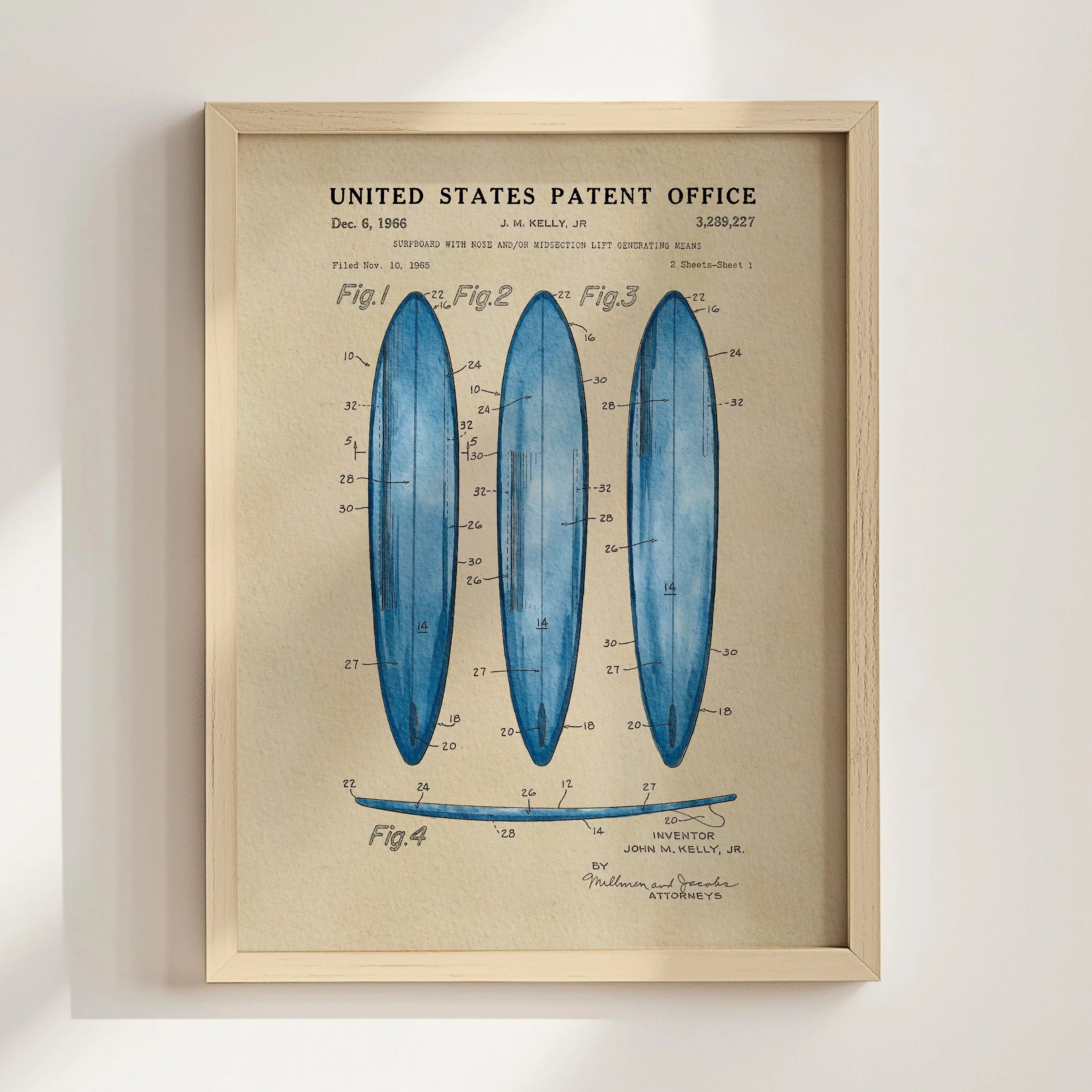 Surfboard US Patent Art Print - Blue | Coastal-Themed Dorm Decor | Campus Greek Fit