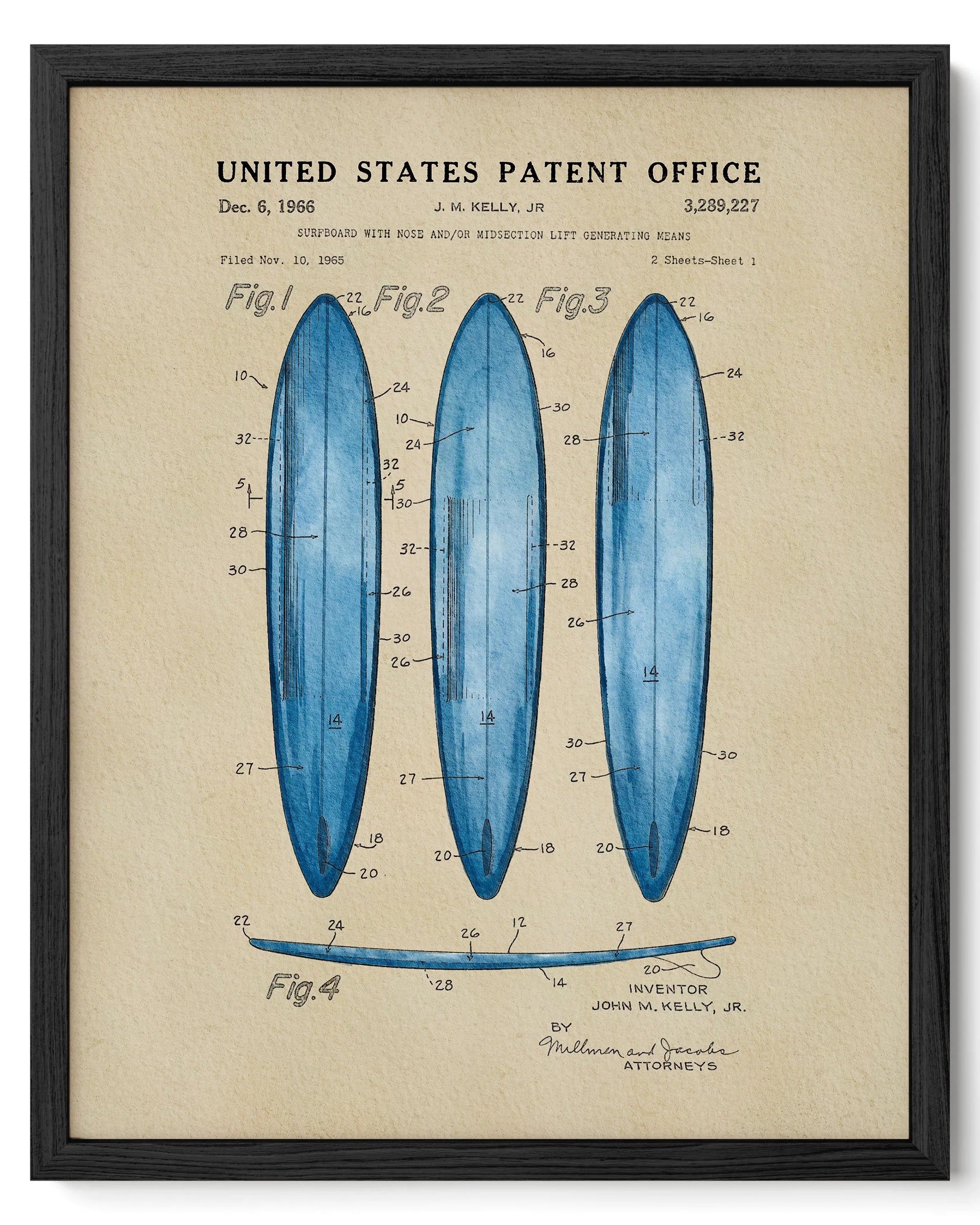 Surfboard US Patent Art Print - Blue | Coastal-Themed Dorm Decor | Campus Greek Fit