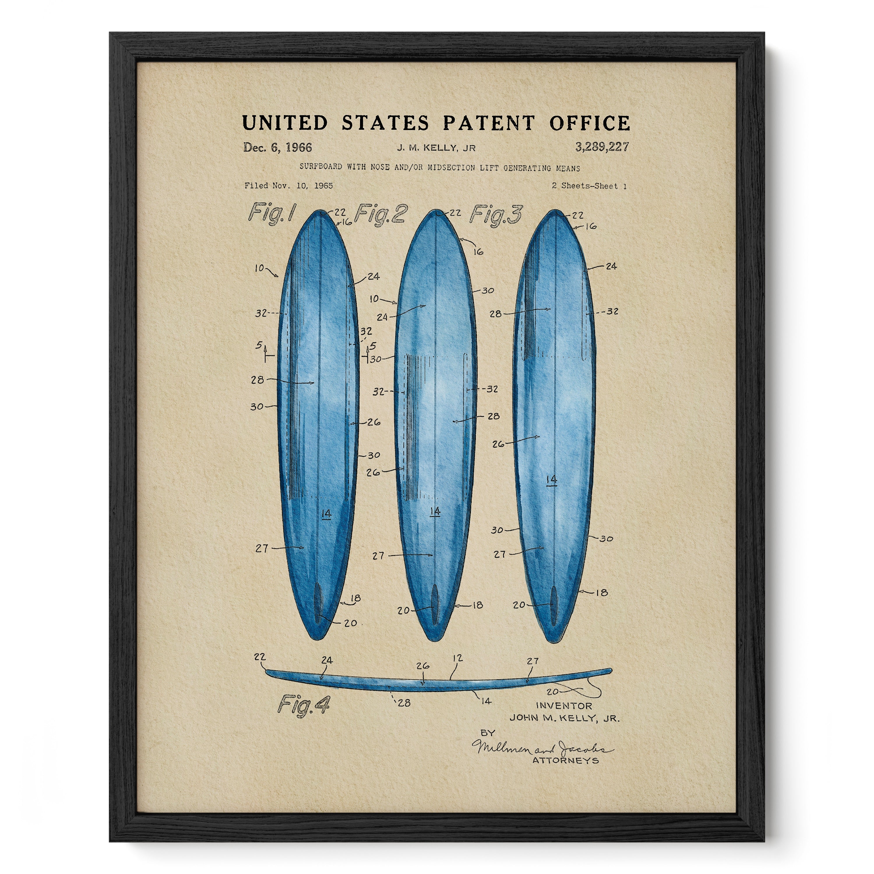 Surfboard US Patent Art Print - Blue | Coastal-Themed Dorm Decor | Campus Greek Fit