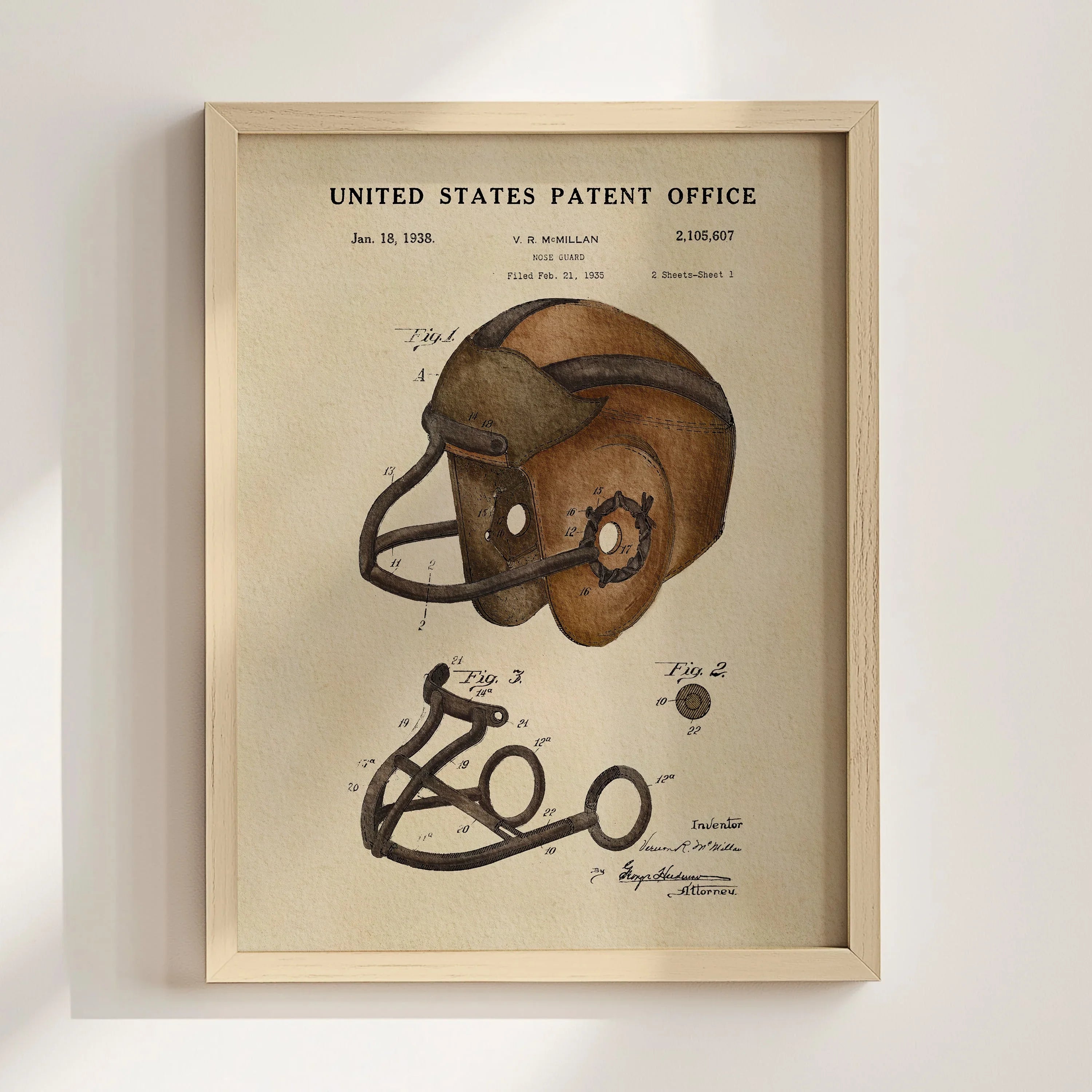 Vintage Football Helmet US Patent Art Print | Sports-Themed Dorm Decor | Campus Greek Fit