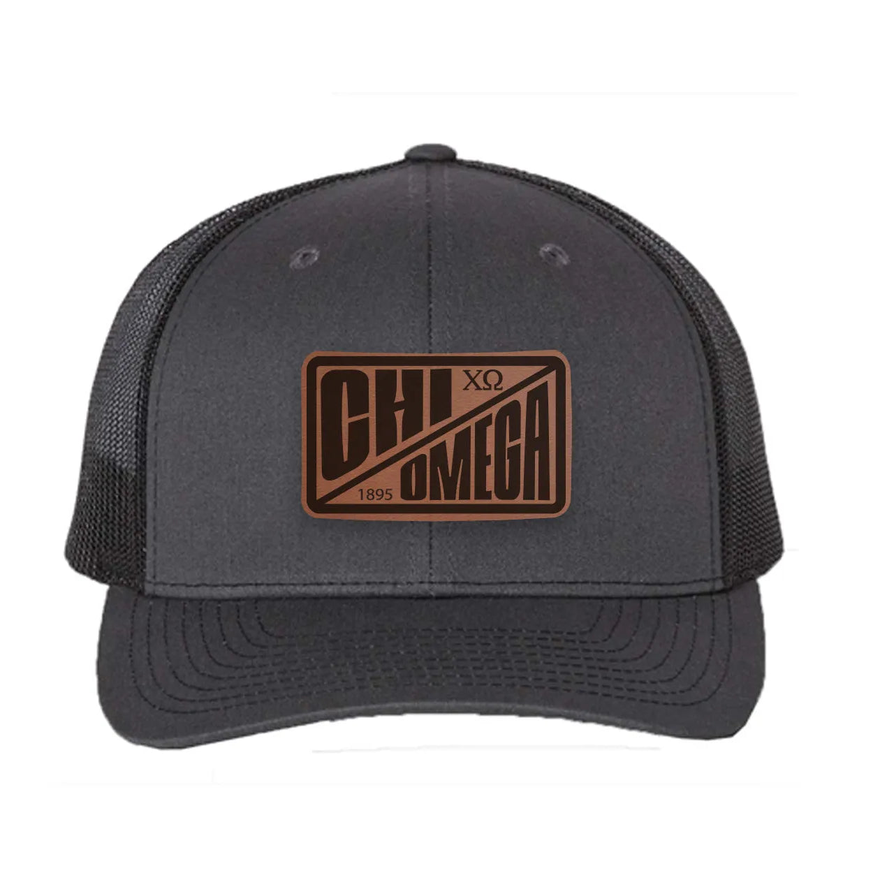 Chi Omega Richardson 112 Leatherette Patch Trucker Hat - Divide Charcoal Black Trucker Hat
