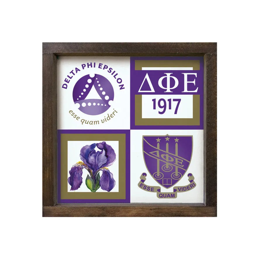 Delta Phi Epsilon 12x12 Wood Framed Sign - Classic Color Block Walnut Stain Wall Art & Signs