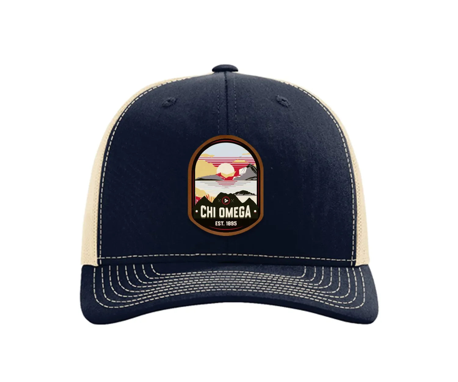 Chi Omega Richardson 112 UV Print Leatherette Patch Trucker Hat - Ventura Navy Khaki Trucker Hat