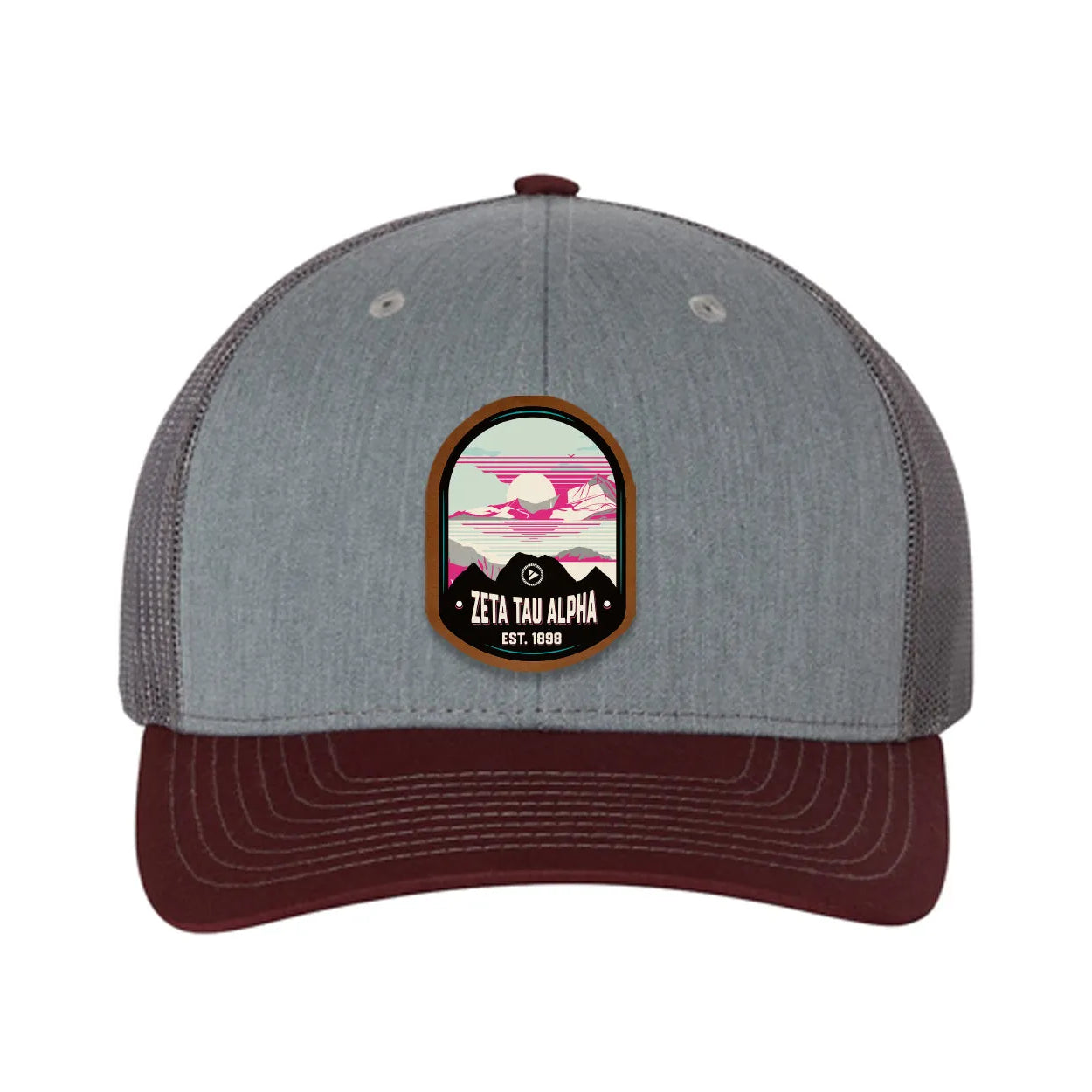 Zeta Tau Alpha Richardson 112 UV Print Leatherette Patch Trucker Hat - Ventura Heather Gray Charcoal Maroon Trucker Hat