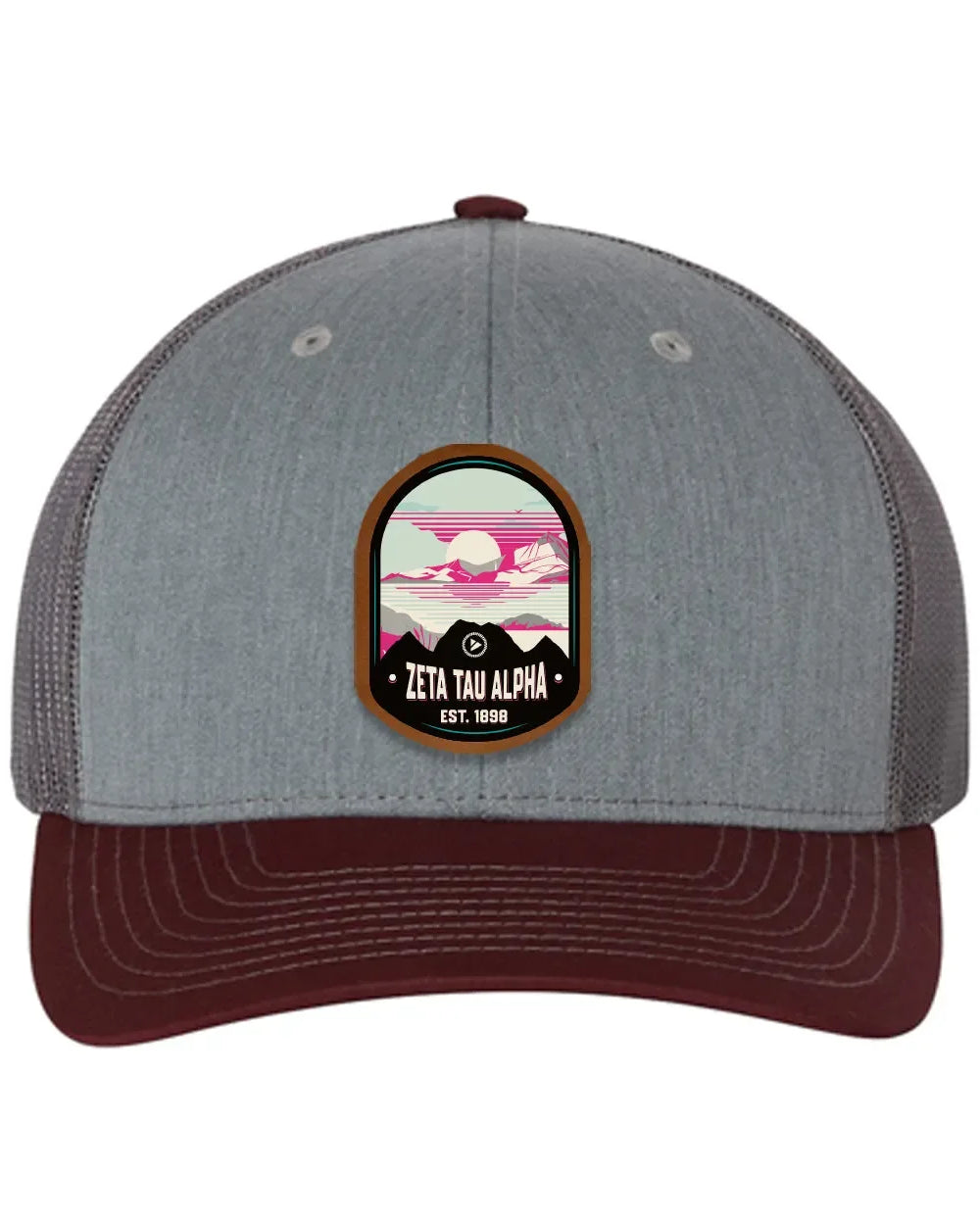 Zeta Tau Alpha Richardson 112 UV Print Leatherette Patch Trucker Hat - Ventura Heather Gray Charcoal Maroon Trucker Hat