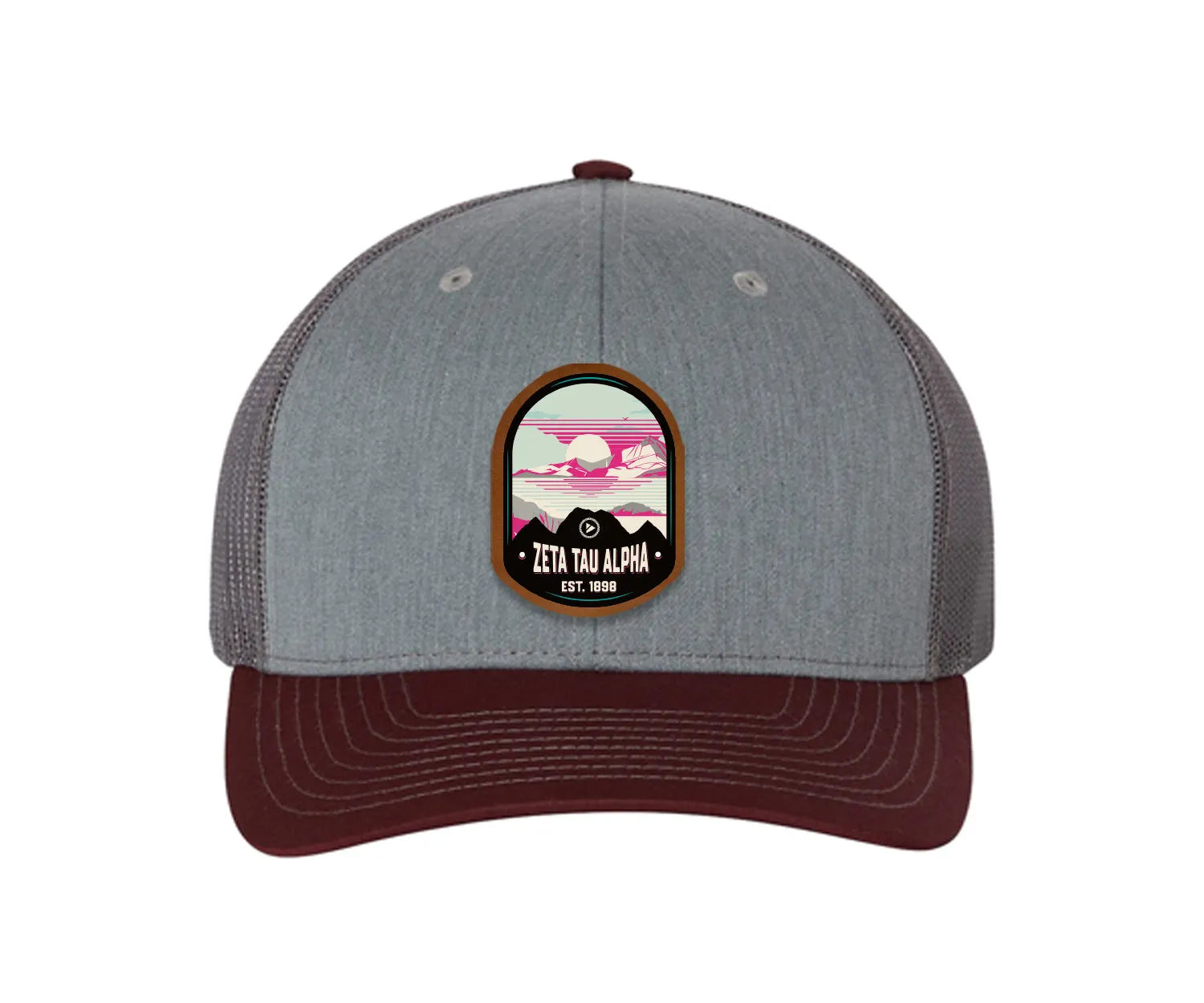 Zeta Tau Alpha Richardson 112 UV Print Leatherette Patch Trucker Hat - Ventura Heather Gray Charcoal Maroon Trucker Hat