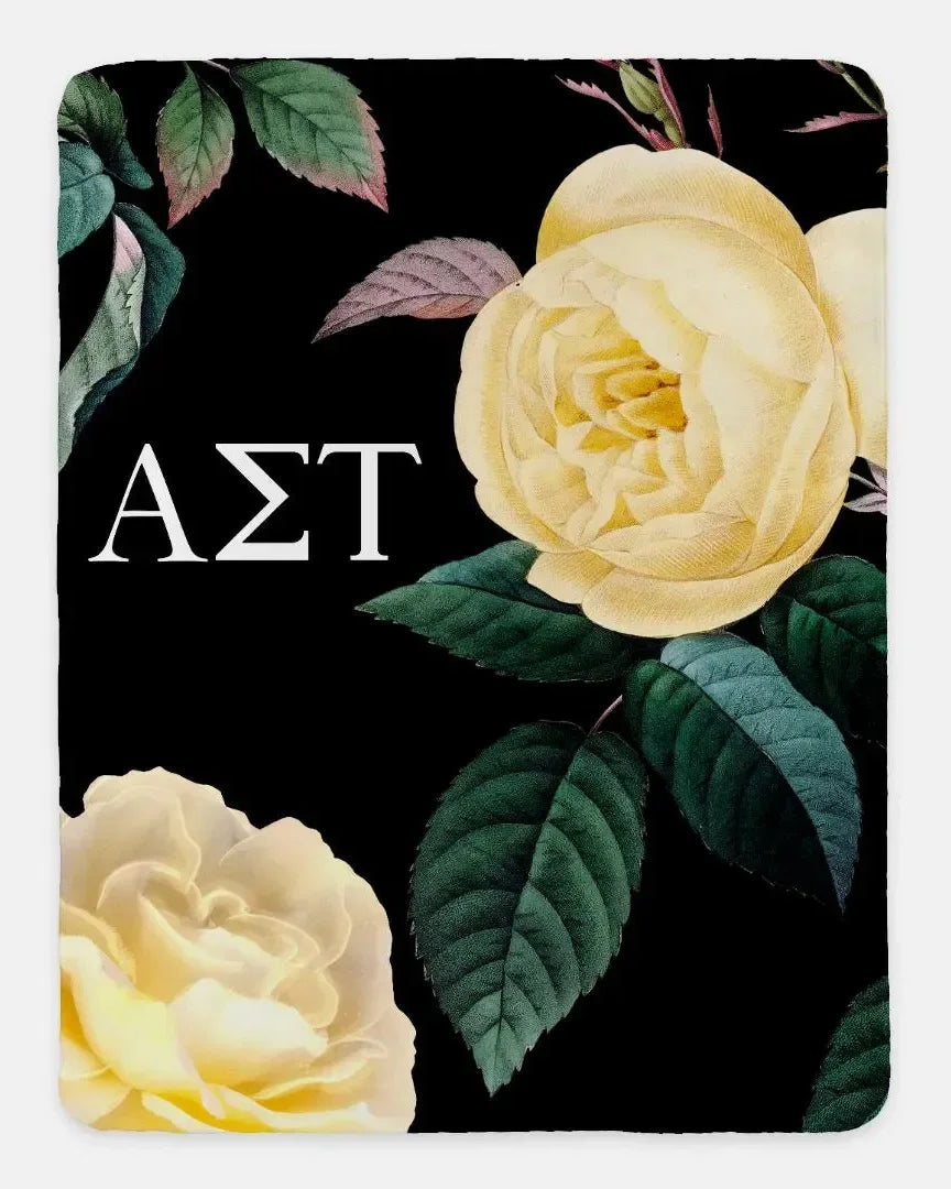 Alpha Sigma Tau XL 60x80 Sherpa Throw Blanket - Yellow Roses Throw Blankets