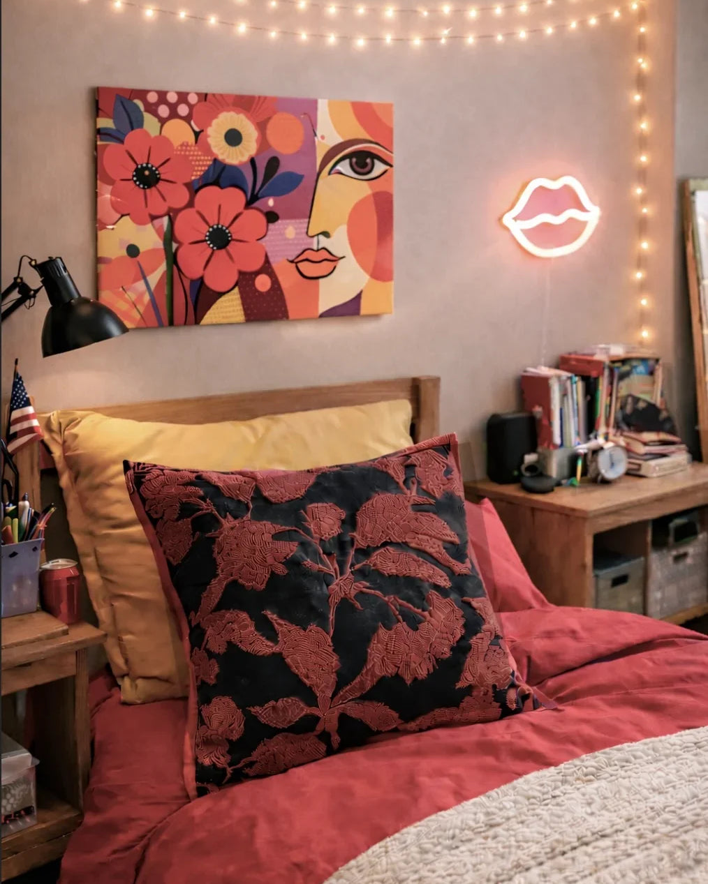 Red and Black Floral Embroidered Pillow Cover | Colorful Dorm Decor