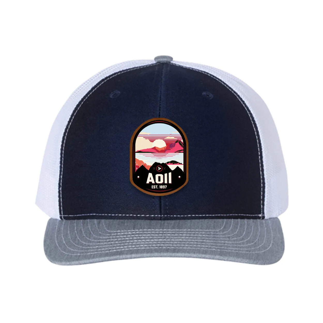 Alpha Omicron Pi Richardson 112 UV Print Leatherette Patch Trucker Hat - Ventura Navy White Heather Gray Trucker Hat