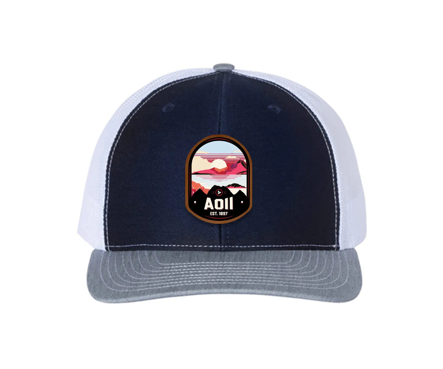 Alpha Omicron Pi Richardson 112 UV Print Leatherette Patch Trucker Hat - Ventura Navy White Heather Gray Trucker Hat