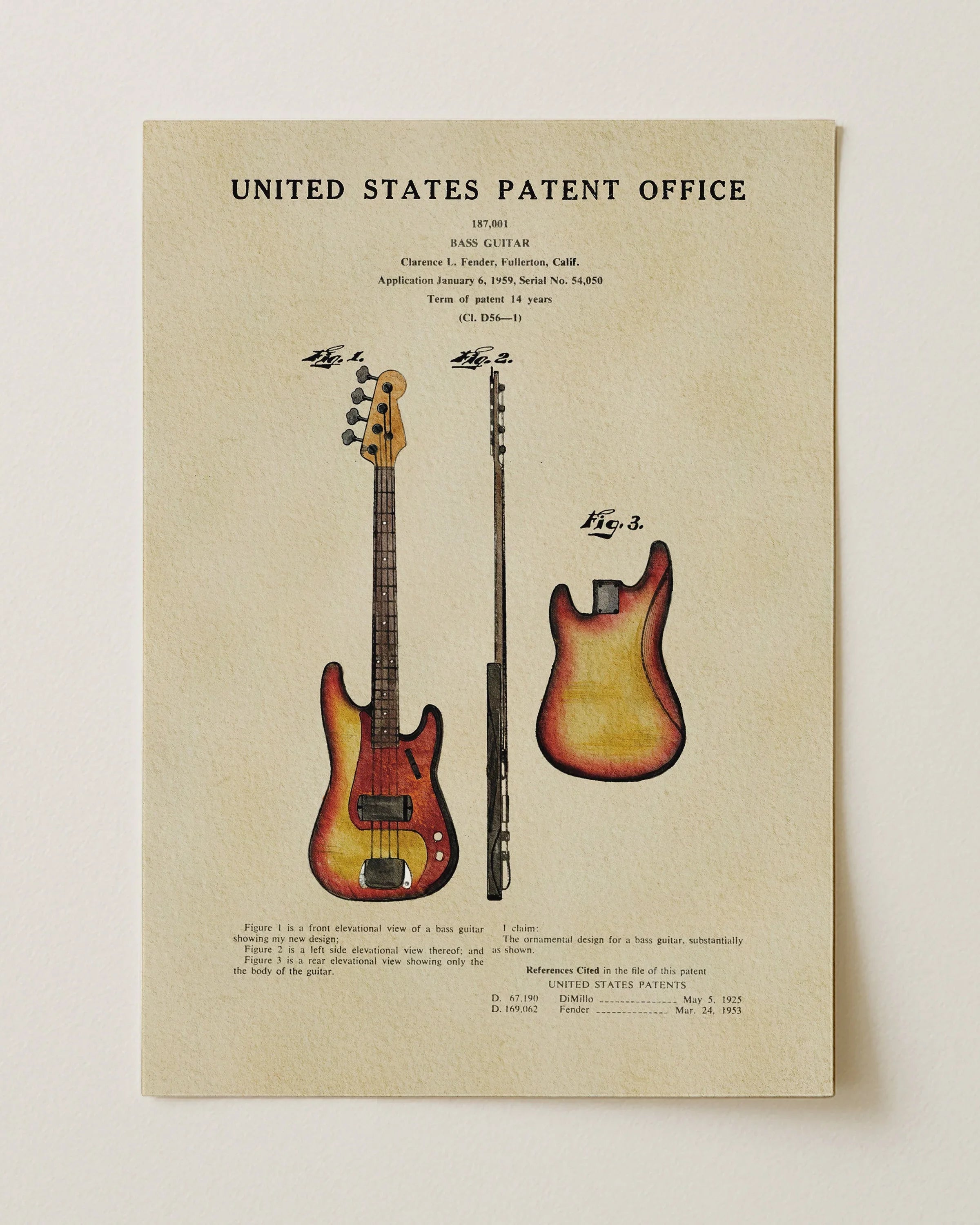 Fender Bass Guitar US Patent Art Print | Music-Themed Dorm Decor