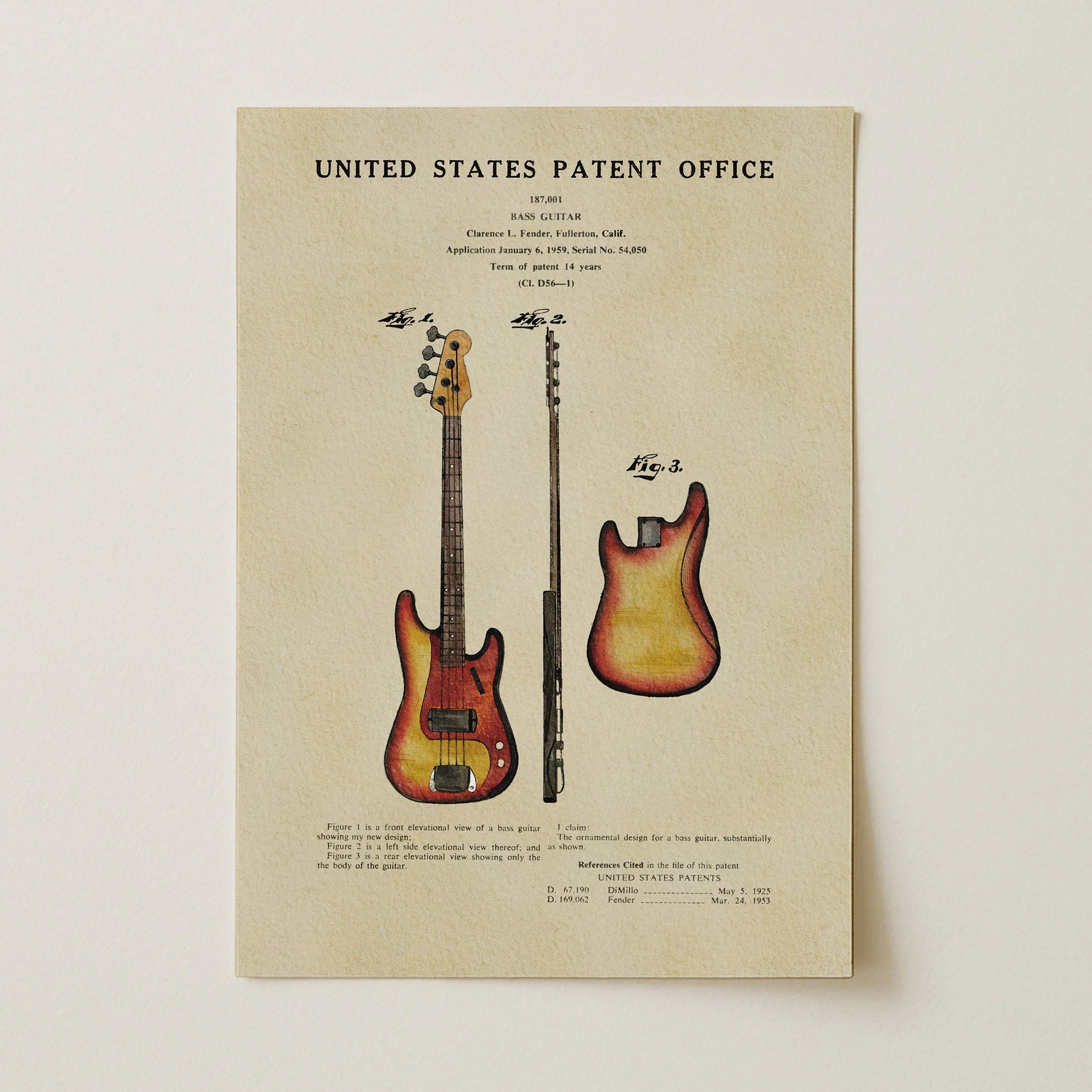 Fender Bass Guitar US Patent Art Print | Music-Themed Dorm Decor