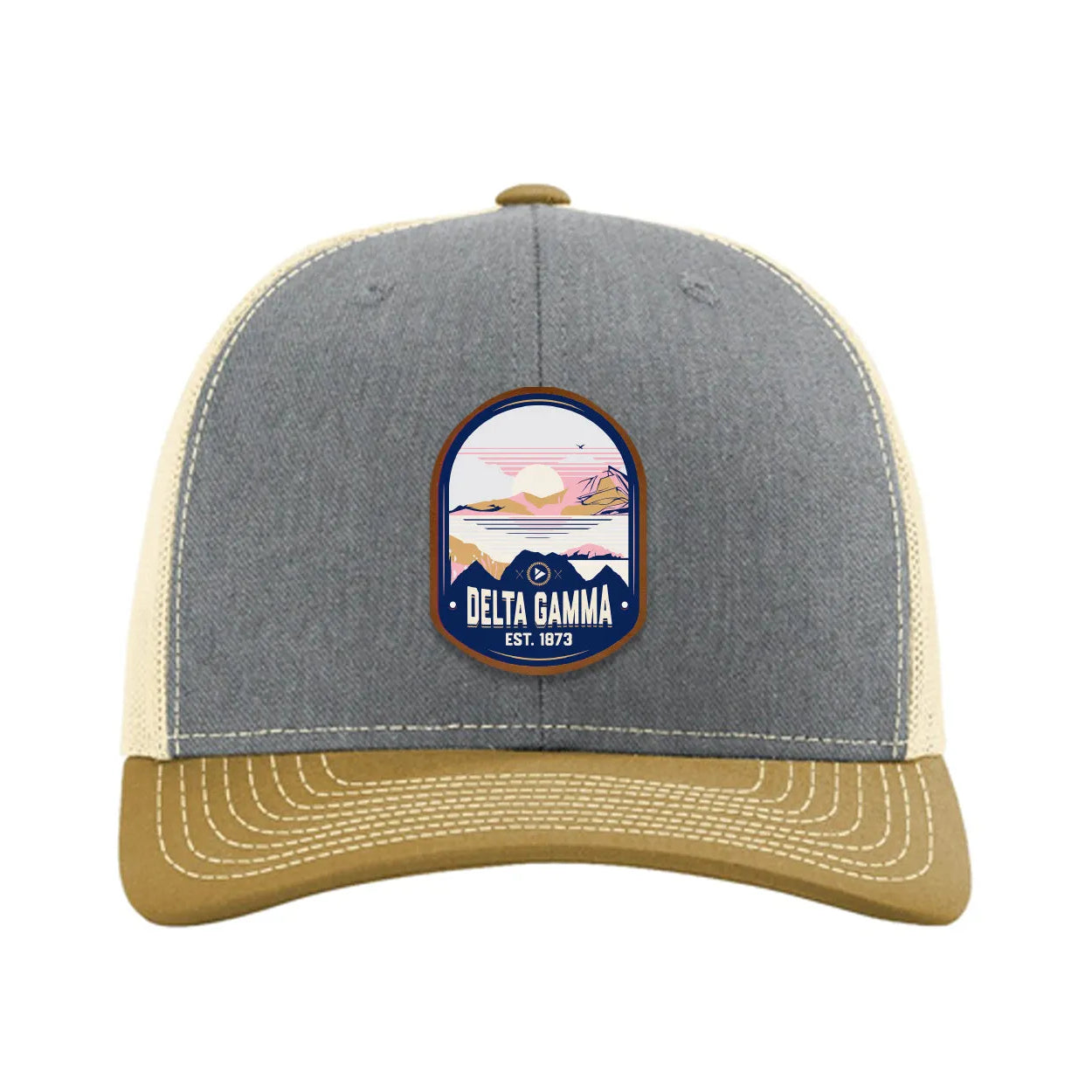 Delta Gamma Richardson 112 UV Print Leatherette Patch Trucker Hat - Ventura Heather Gray Birch Amber Gold Trucker Hat