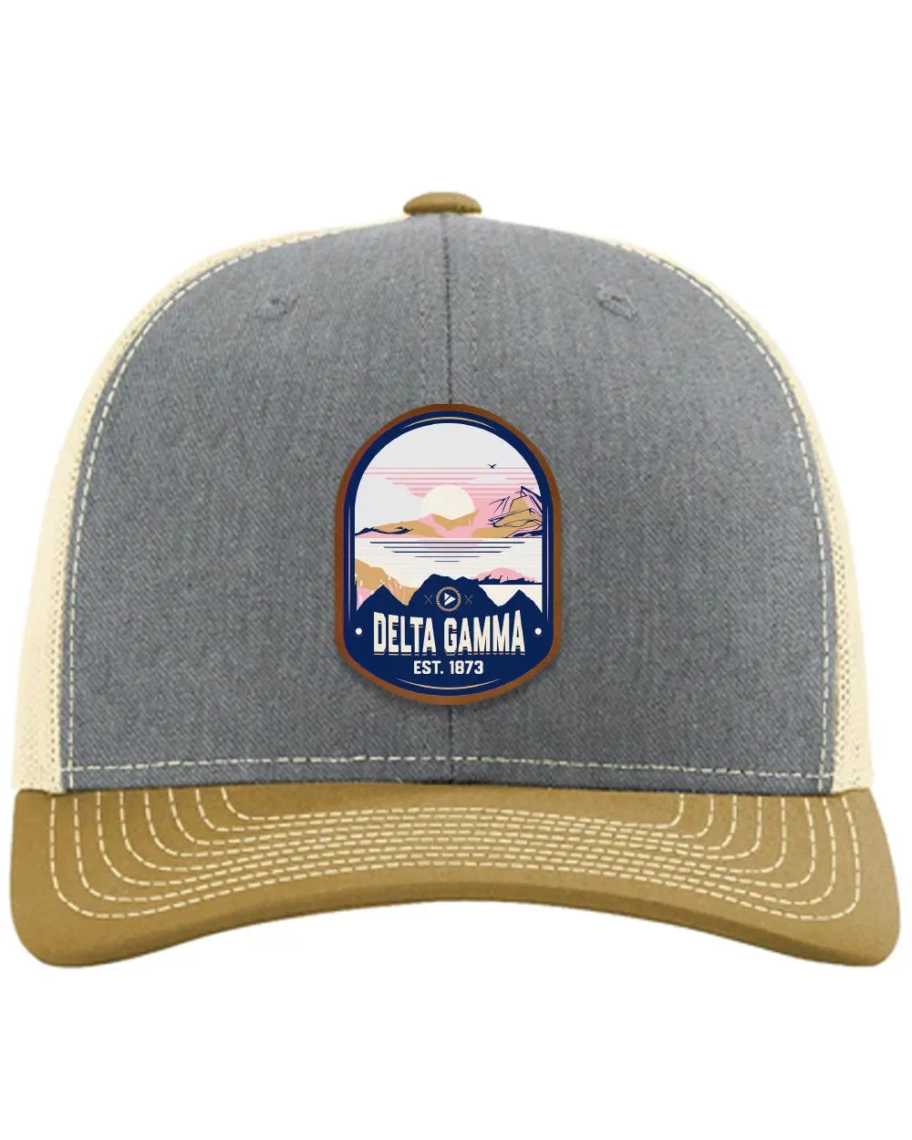 Delta Gamma Richardson 112 UV Print Leatherette Patch Trucker Hat - Ventura Heather Gray Birch Amber Gold Trucker Hat