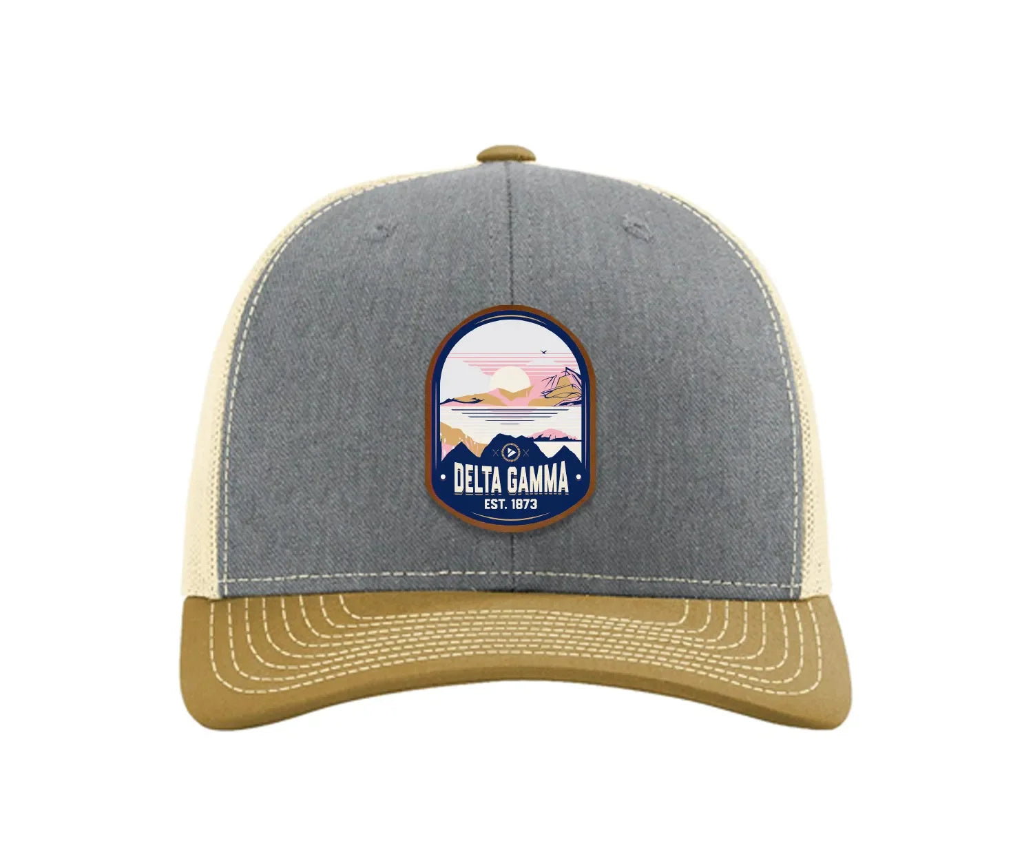 Delta Gamma Richardson 112 UV Print Leatherette Patch Trucker Hat - Ventura Heather Gray Birch Amber Gold Trucker Hat