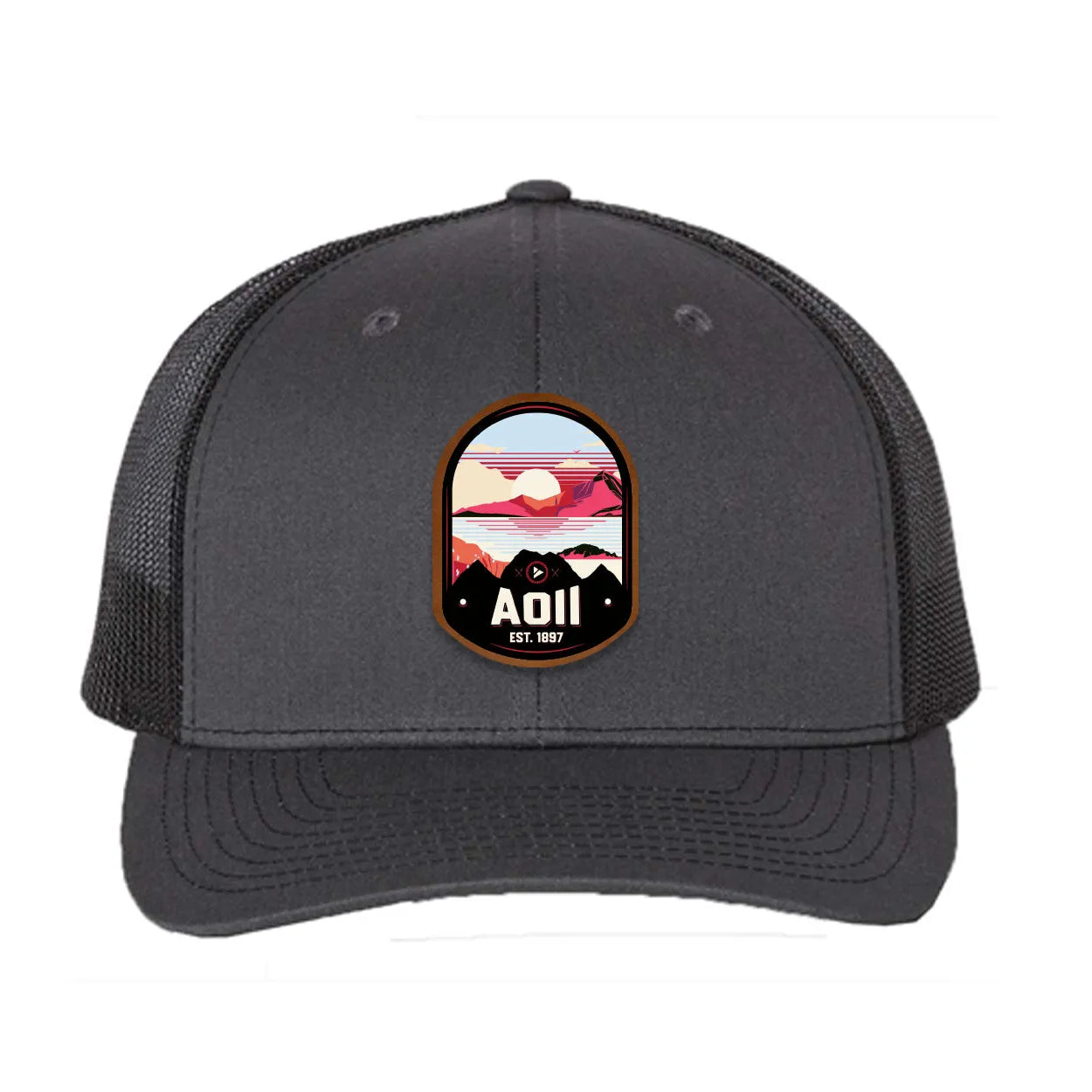 Alpha Omicron Pi Richardson 112 UV Print Leatherette Patch Trucker Hat - Ventura Charcoal Black Trucker Hat