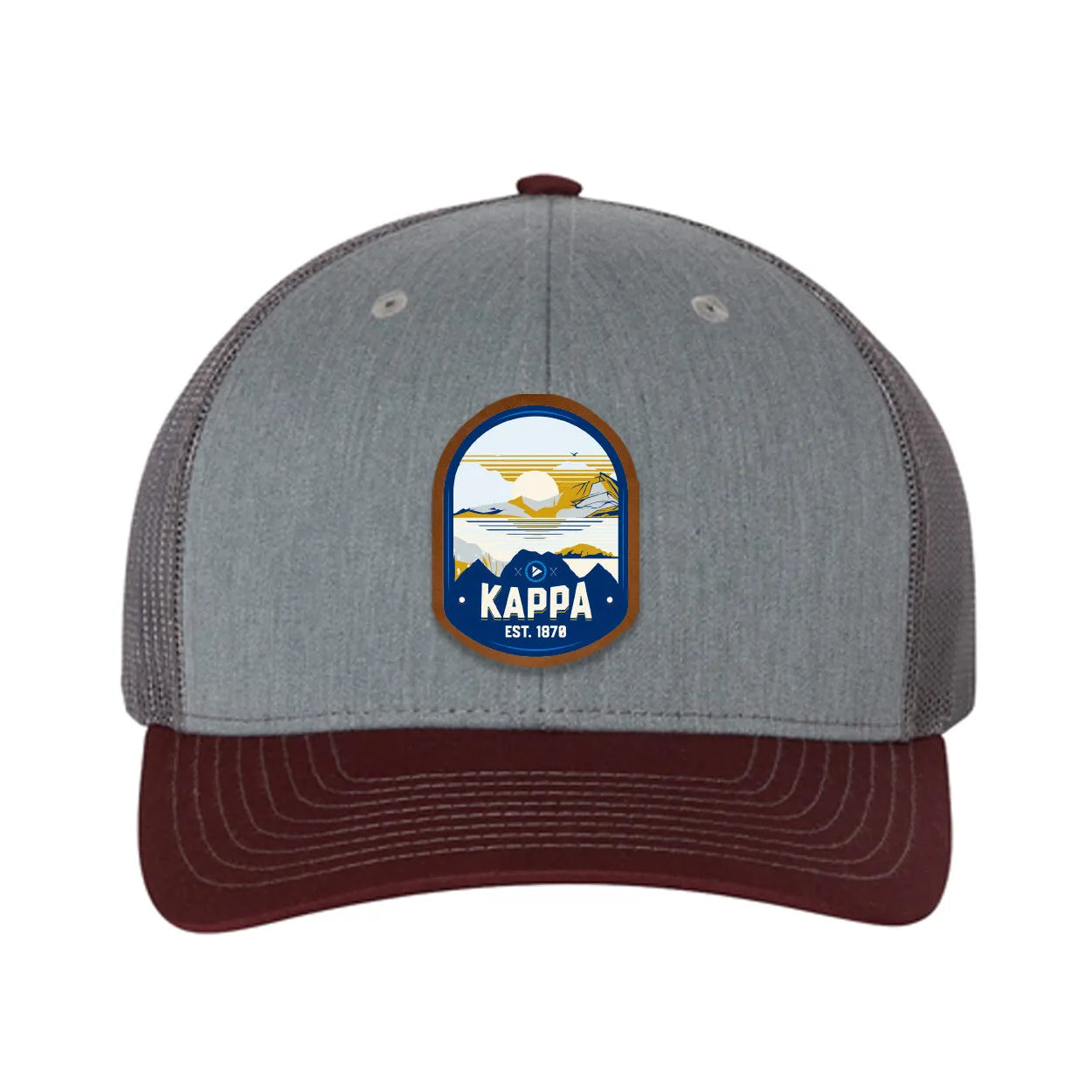 Kappa Kappa Gamma Richardson 112 UV Print Leatherette Patch Trucker Hat - Ventura Heather Gray Charcoal Maroon Trucker Hat