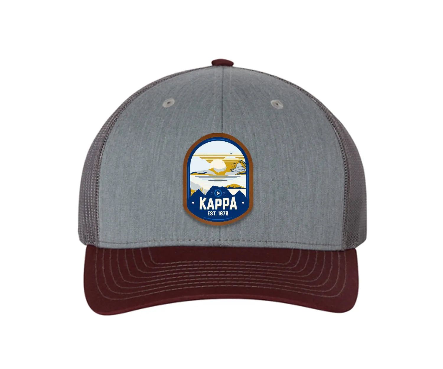 Kappa Kappa Gamma Richardson 112 UV Print Leatherette Patch Trucker Hat - Ventura Heather Gray Charcoal Maroon Trucker Hat