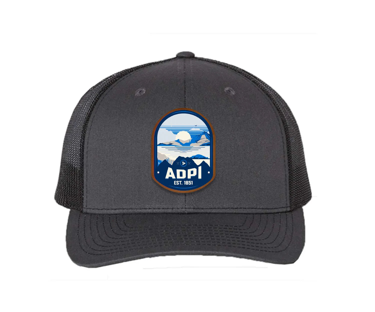 Alpha Delta Pi Richardson 112 UV Print Leatherette Patch Trucker Hat - Ventura Charcoal Black Trucker Hat