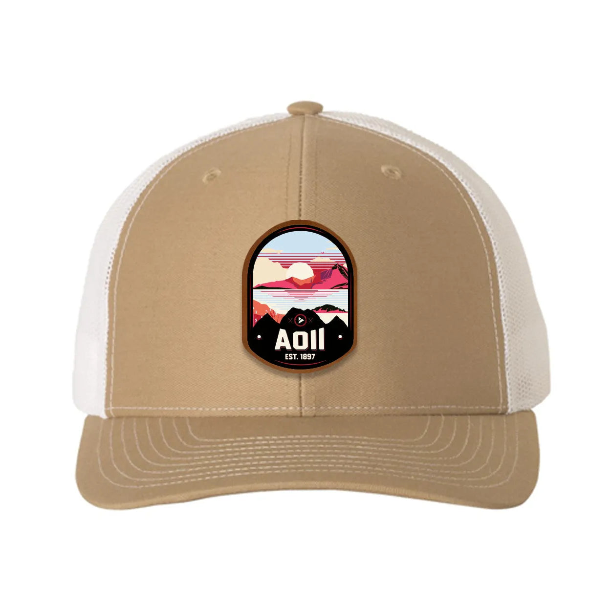 Alpha Omicron Pi Richardson 112 UV Print Leatherette Patch Trucker Hat - Ventura Khaki White Trucker Hat