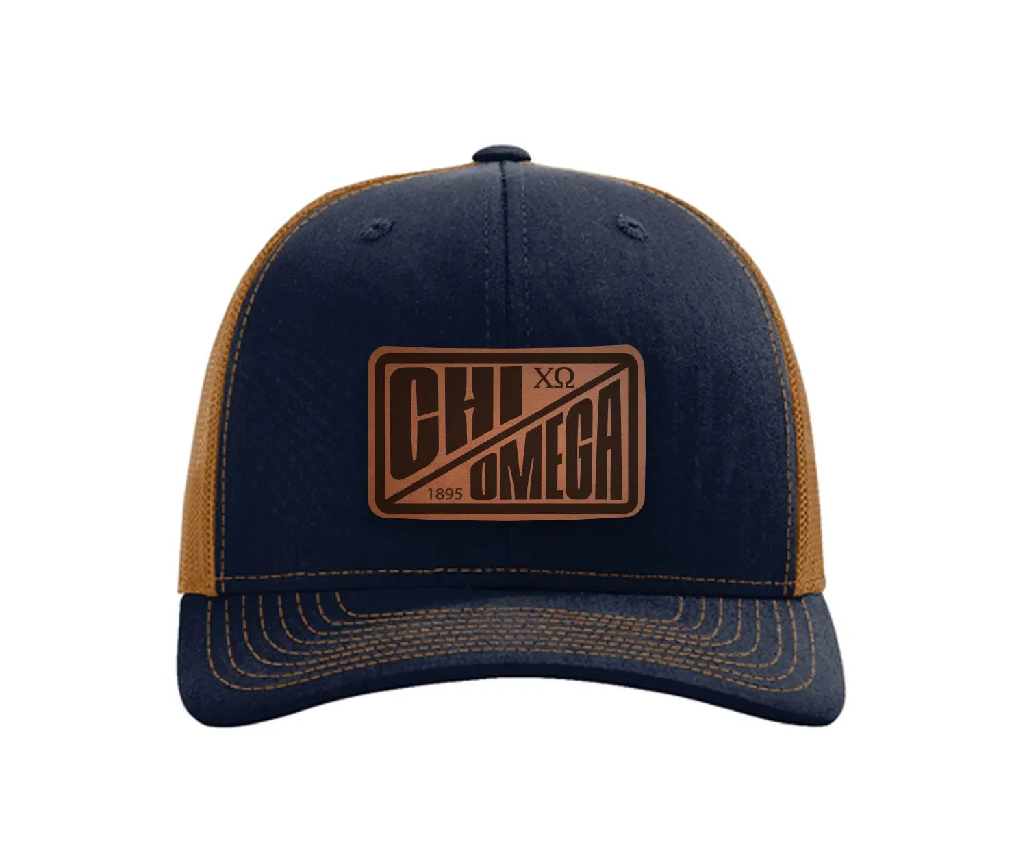 Chi Omega Richardson 112 Leatherette Patch Trucker Hat - Divide Navy Caramel Trucker Hat