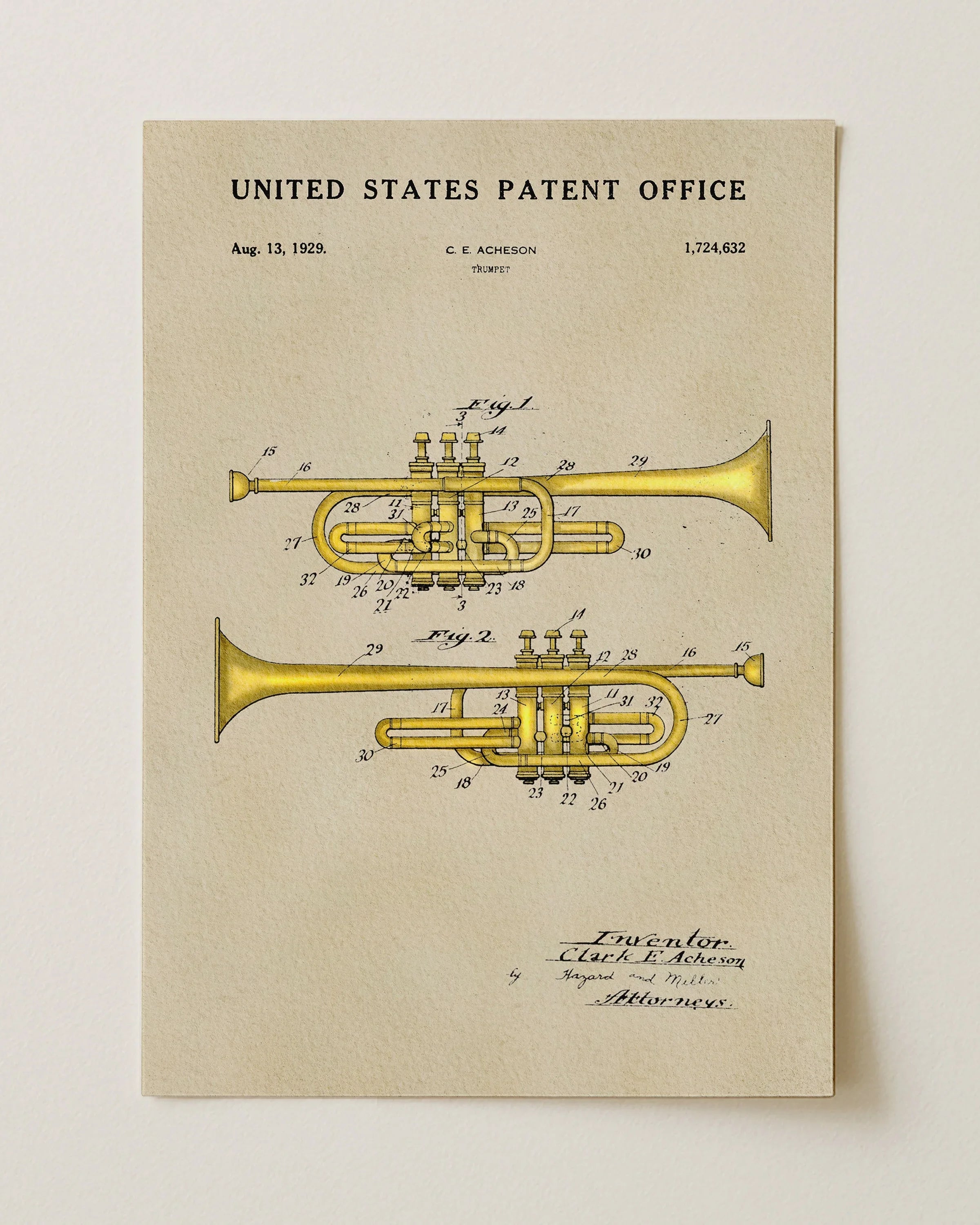 Trumpet US Patent Art Print | Dorm Decor | Music Themed Wall Art