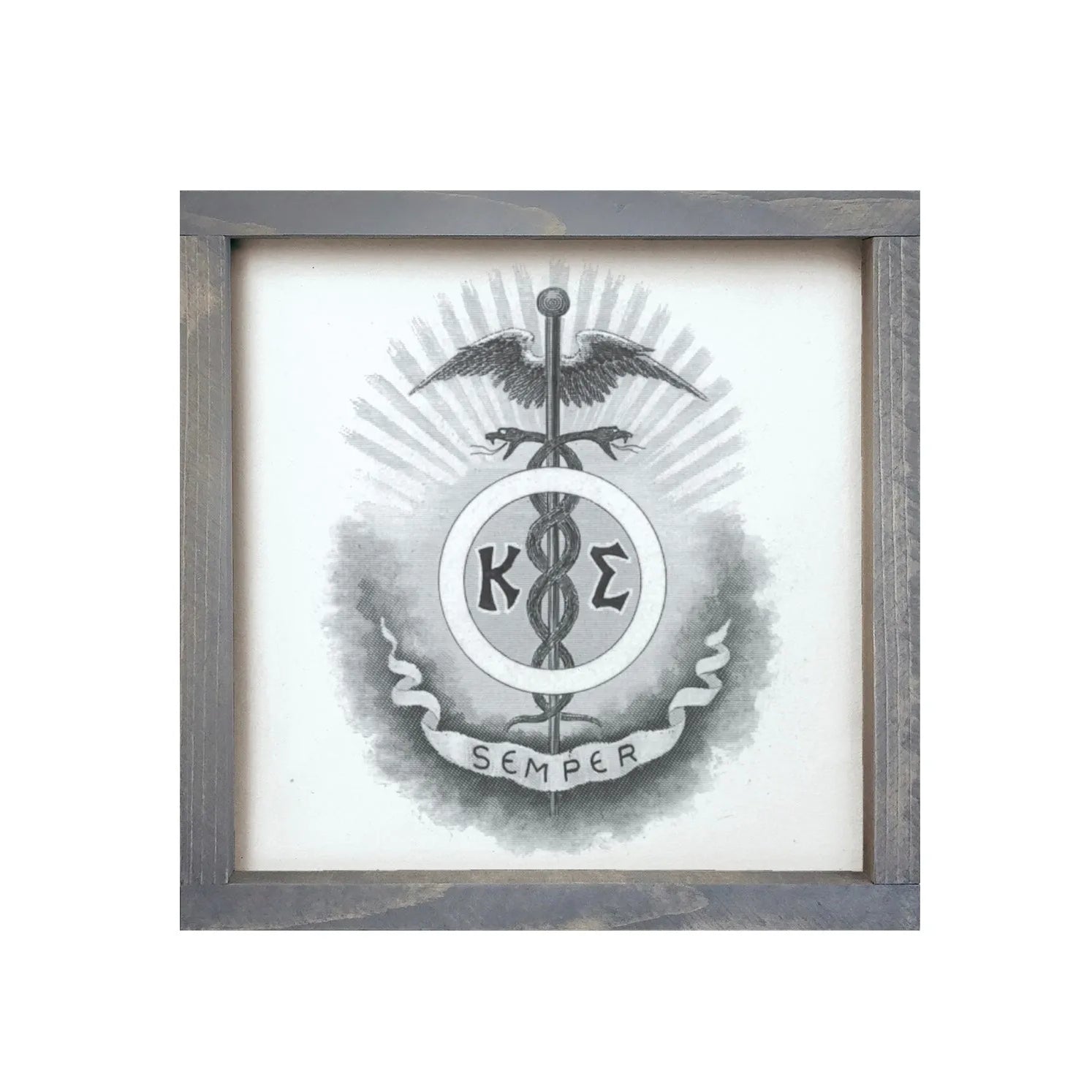 Kappa Sigma 12x12 Wood Framed Sign -Caduceaus Weathered Gray Wall Art & Signs